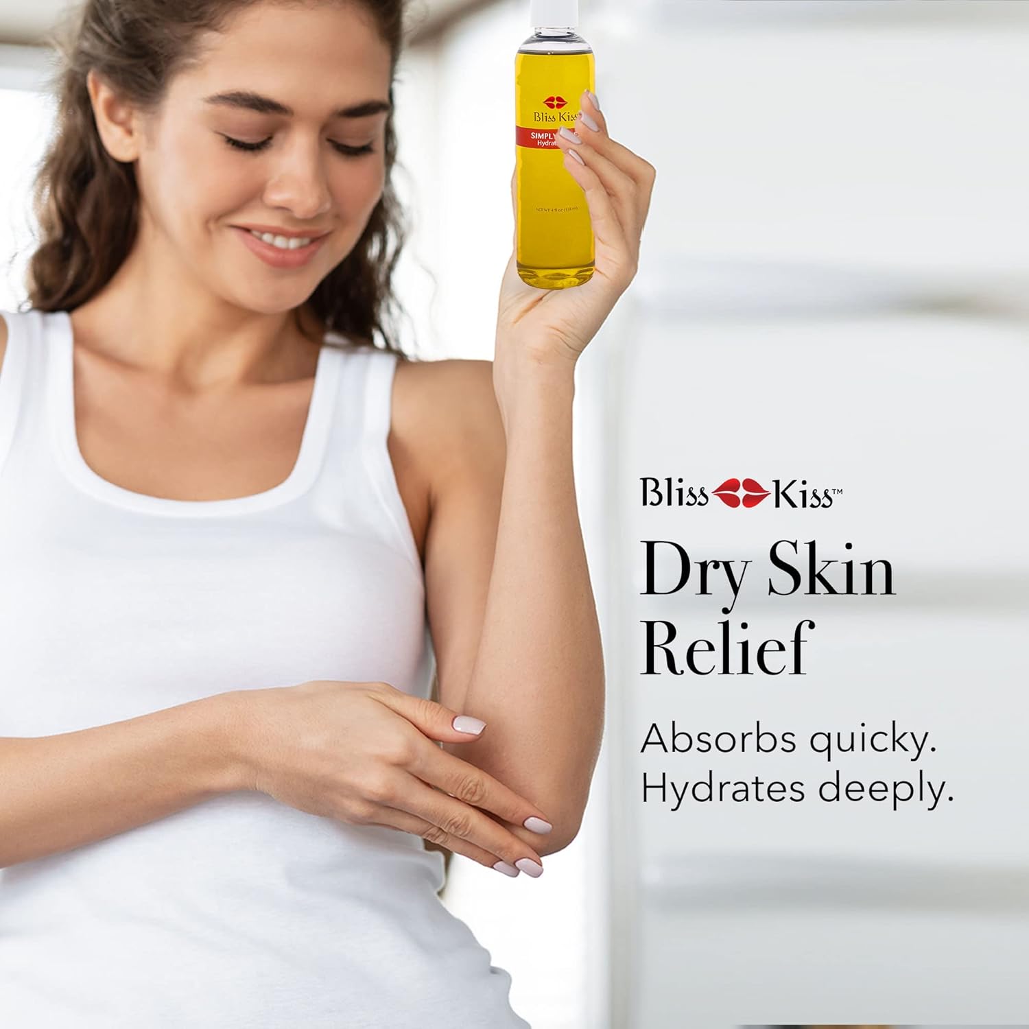 Bliss Kiss Sin fragancias  Aceite hidratante Simply Pure – Botella de 4 onzas con vitamina E y jojoba en uñas, cutículas, piel y cabello – Mejor