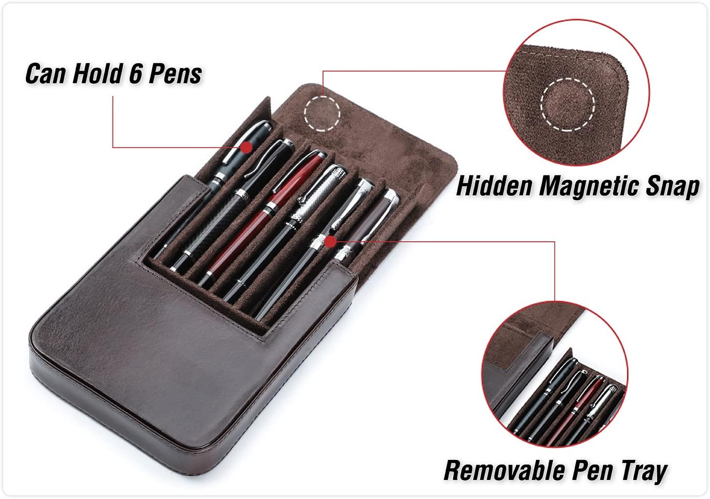 Top Grain – Organizador de 6 bolígrafos y lápices de piel auténtica, diseño de moda sin logotipo, hecho a mano, cierre magnético con diseño de