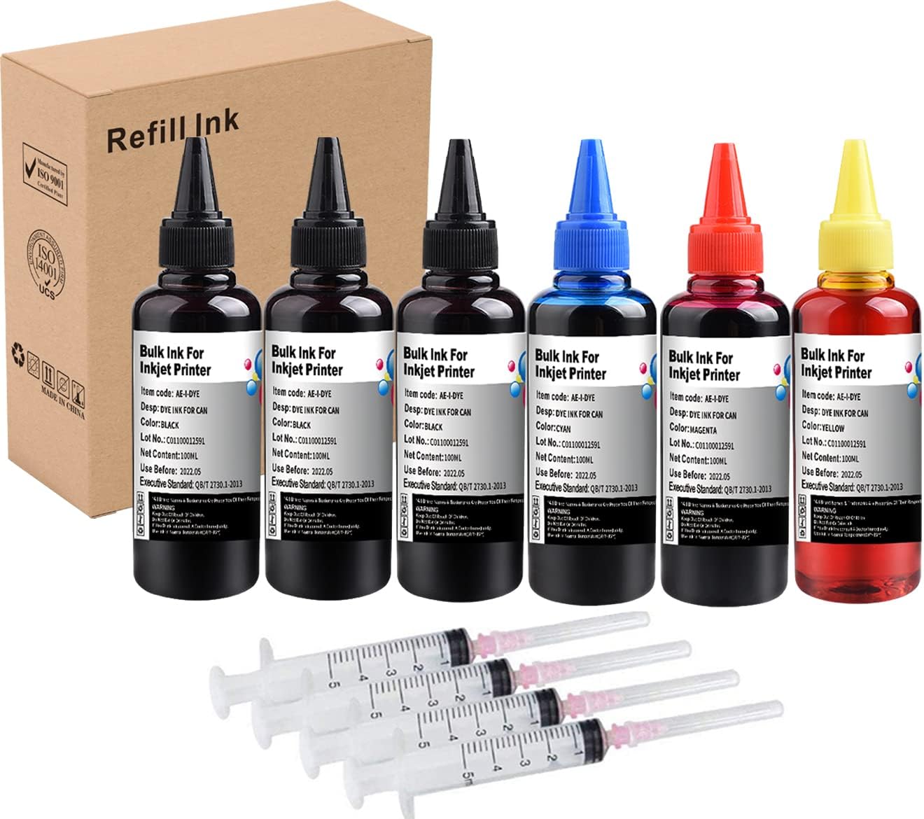 INK+ Kit de recarga 6x100ml para Canon 250 251 270 271 280 281 225 226 1200 2200 PG210 CL211 PG245 CL246 Cartucho de tinta recargable con 5 jeringas