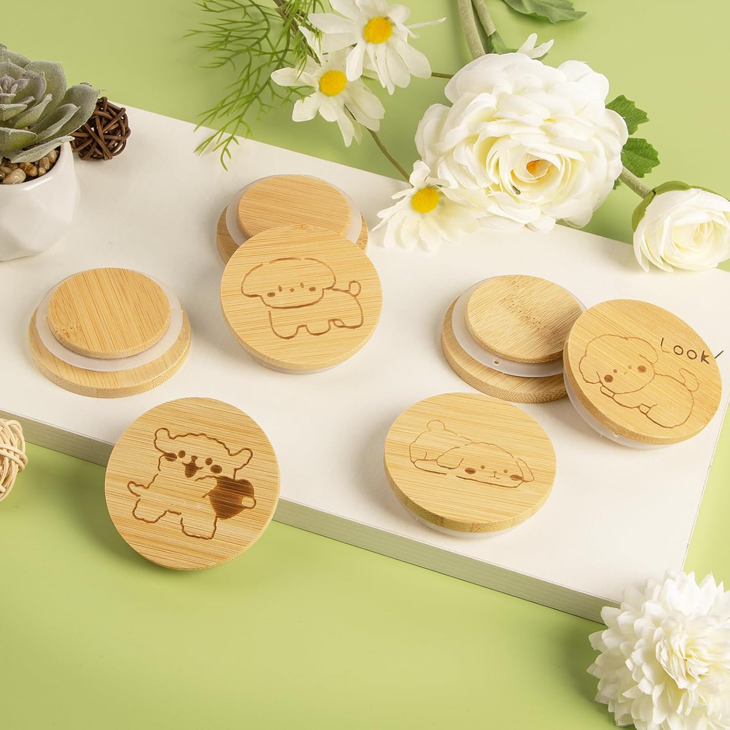 TBWIND Oui – Paquete de 8 tapas reutilizables para tarros de yogur con diseño de cachorro, con anillos de sellado de silicona y etiqueta de botella