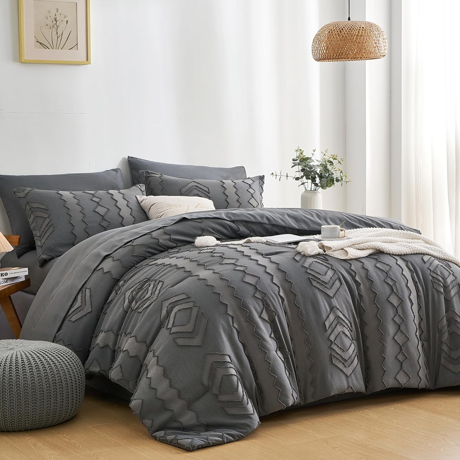 OARAGE Juego de edredón tamaño King de 7 piezas en una bolsa, color gris oscuro, juego de cama bohemio copetudo, juego de ropa de cama King con