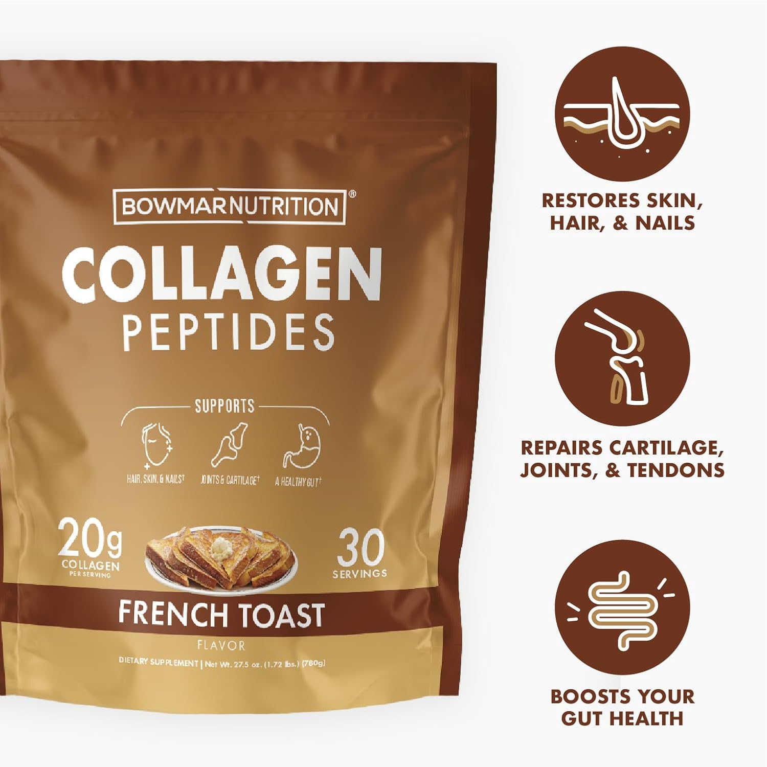 BOWMAR NUTRITION Péptidos de colágeno saborizados, colágeno en polvo, colágeno tipo 1 y 3, sin lácteos, sin gluten y sin azúcar, mejora la salud de