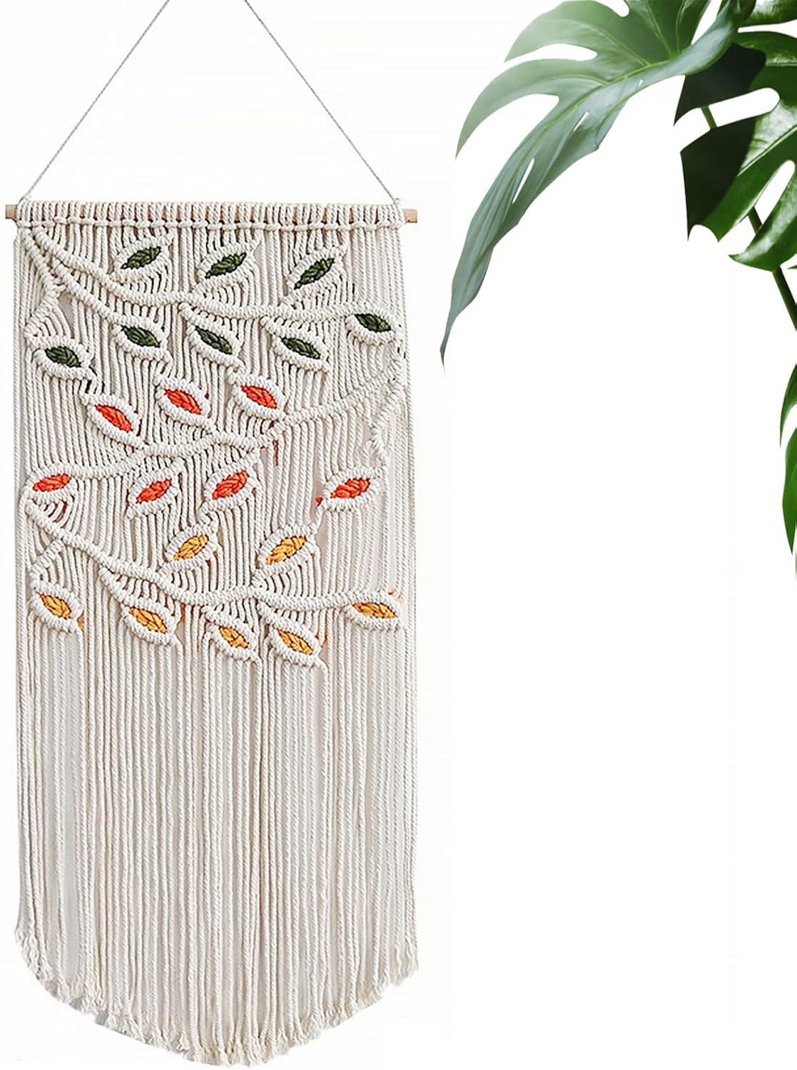 Tapiz de macramé para colgar en la pared, elegante bohemio con hojas de macramé, decoración de pared tejida a mano, arte de pared bohemio con
