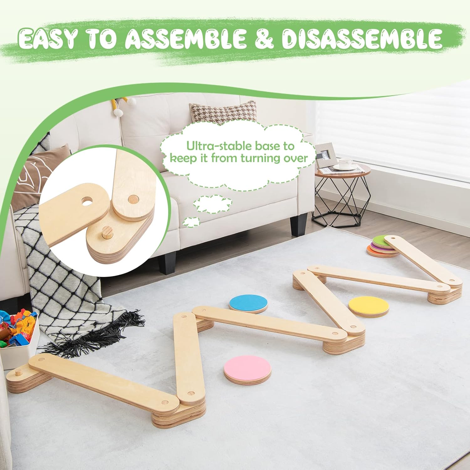 GLACER Viga de equilibrio para niños y escalones, tabla de equilibrio de madera para carrera de obstáculos de gimnasia, juguete Montessori, muebles