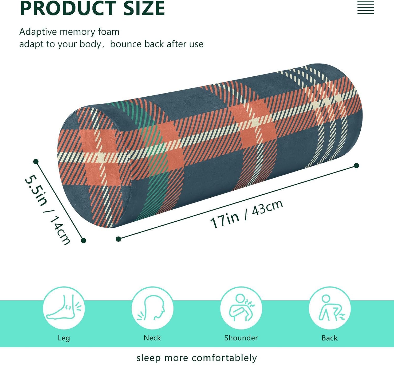 KLL Plaid Pattern with Green White Orange Round Bolster Pillow Memory Foam Neck Roll Pillow Foam Round Pillow Cushion Insert Support Pillow