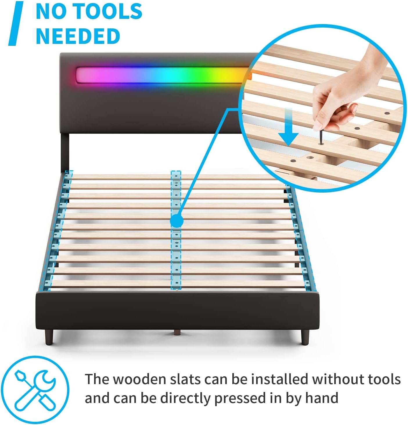 Mjkone Platform Bed Frame with Smart RGB LED Light Strip, Queen Size Bed Frame with Adjustable Headboard, Compatible with Alexa & App, No Mattress