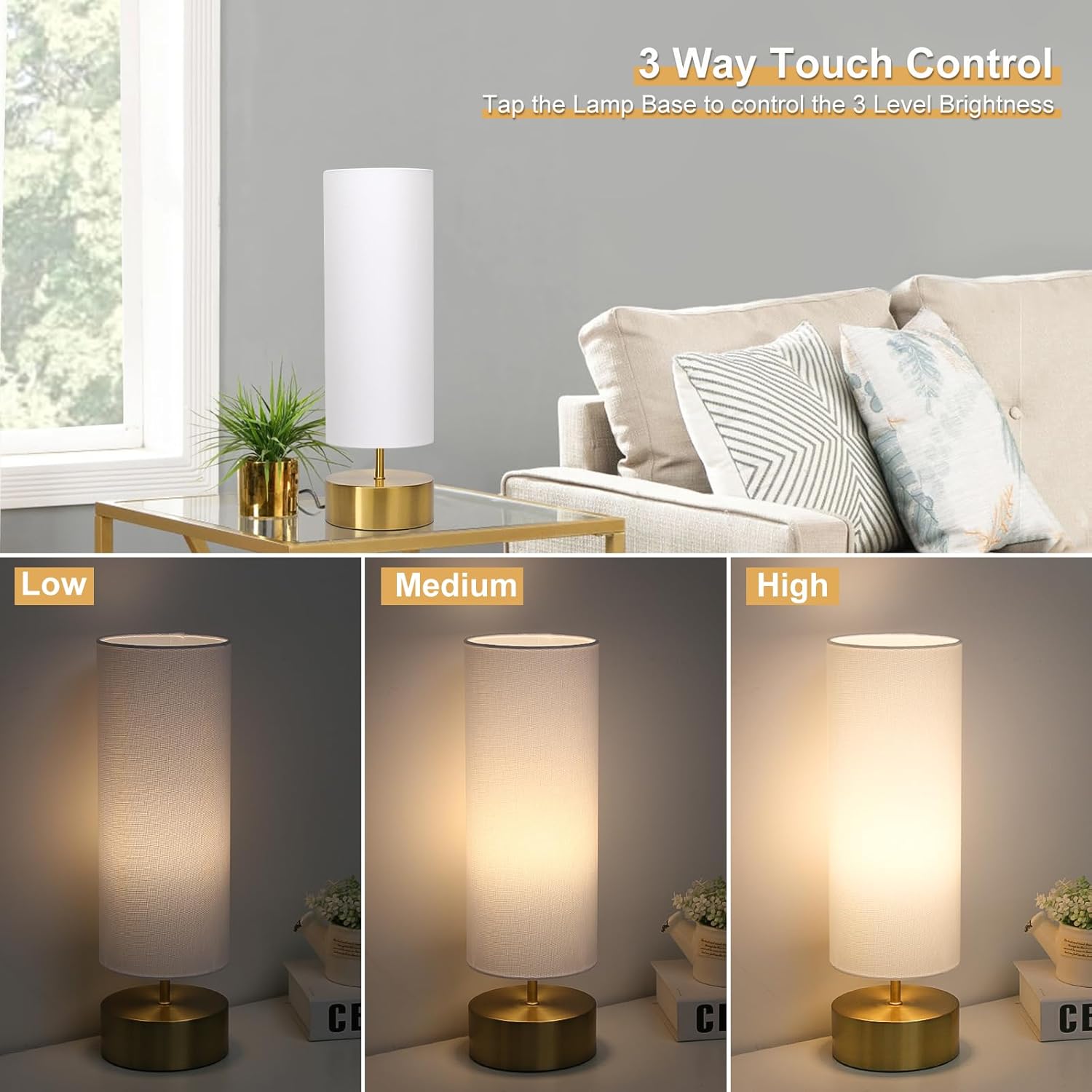 Lámpara de mesa regulable de 3 vías, lámpara de mesa de noche con control táctil con pantalla blanca, lámpara táctil moderna dorada, lámpara de mesa