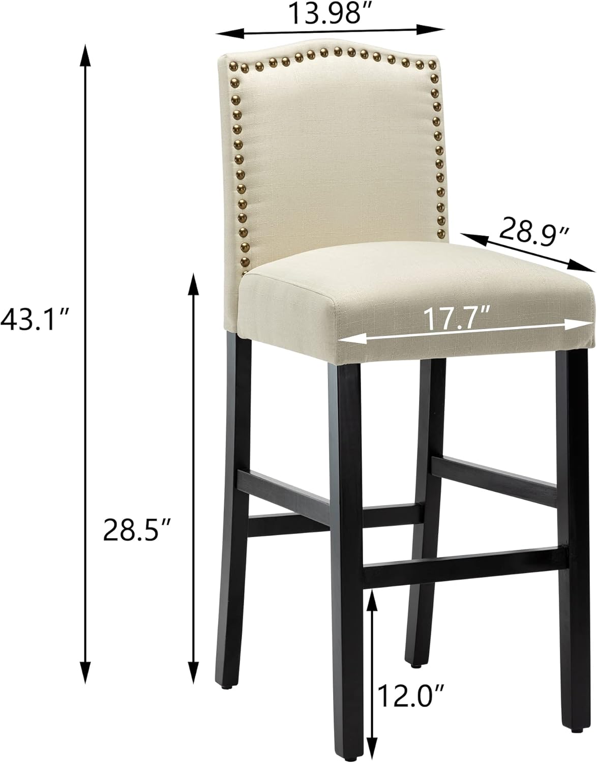 LSSPAID Juego de 2 taburetes de bar, sillas de bar de isla de cocina de 28.5 pulgadas, taburete de bar de tela con cabeza de clavo, taburetes de bar