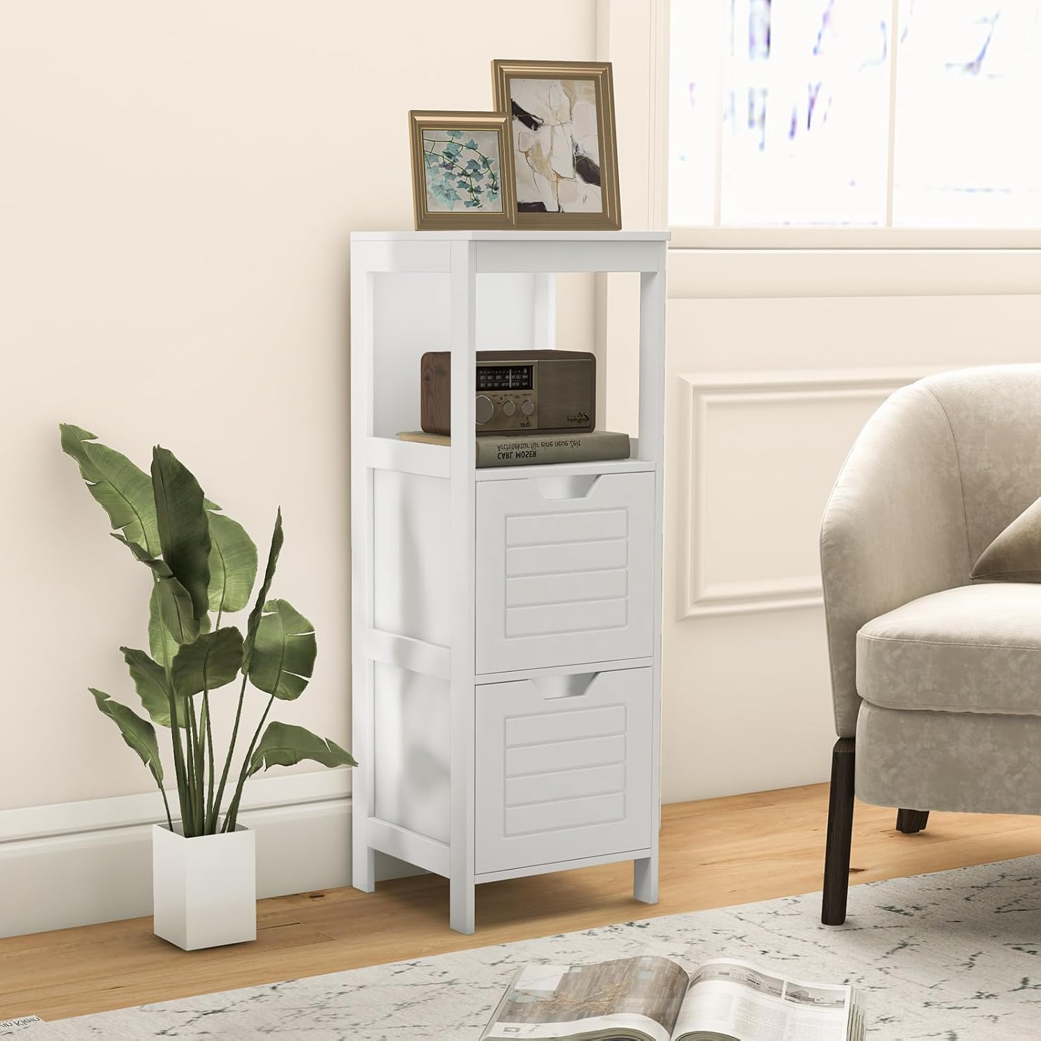 GLACER Armario de suelo de baño, armario de almacenamiento lateral de madera con dos cajones extraíbles para almacenamiento flexible, adecuado para