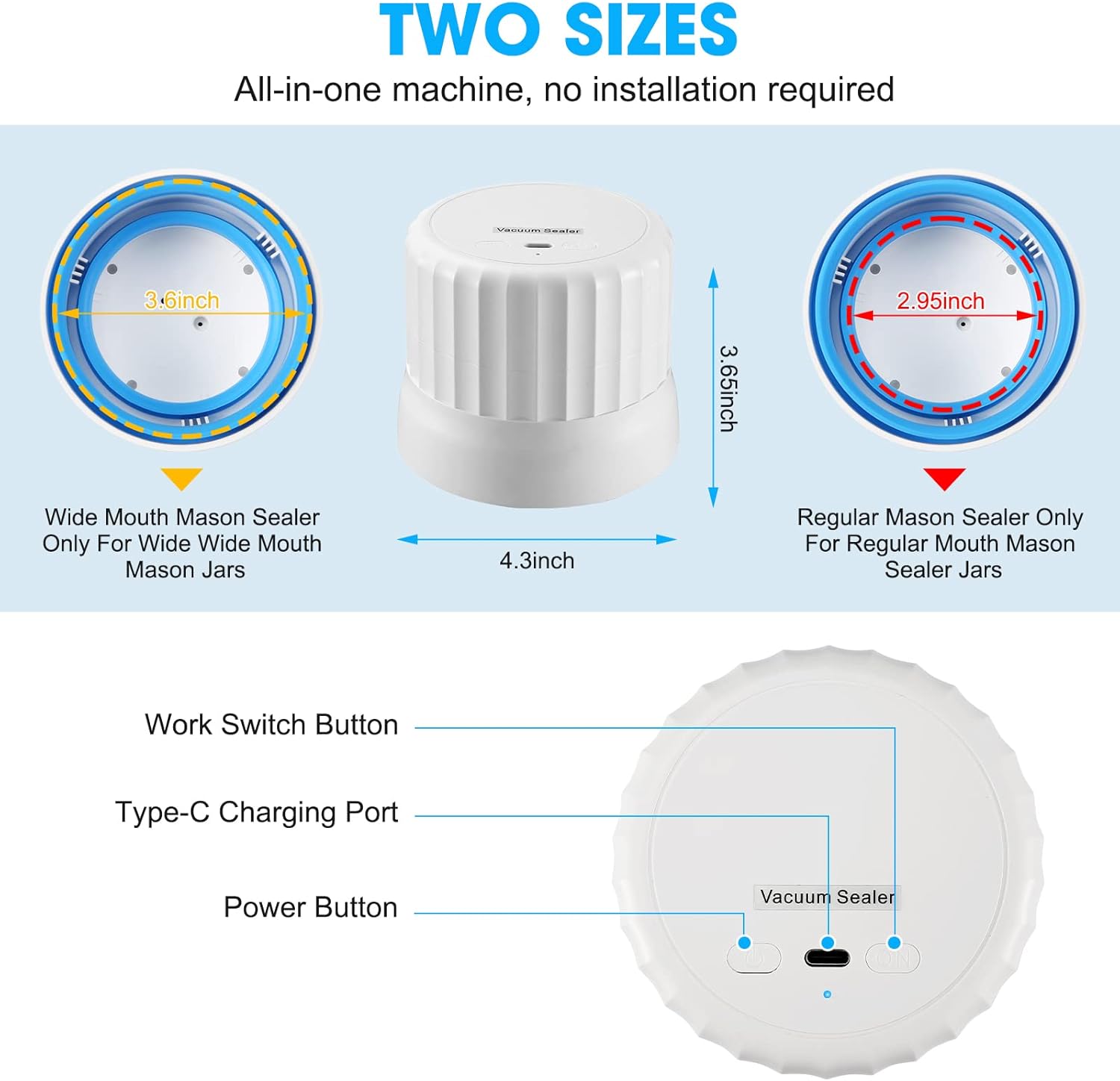 Sellador al vacío eléctrico de tarros de masón, kit de sellado al vacío para tarros Mason de boca ancha y regular, tarros de conserva, kit de