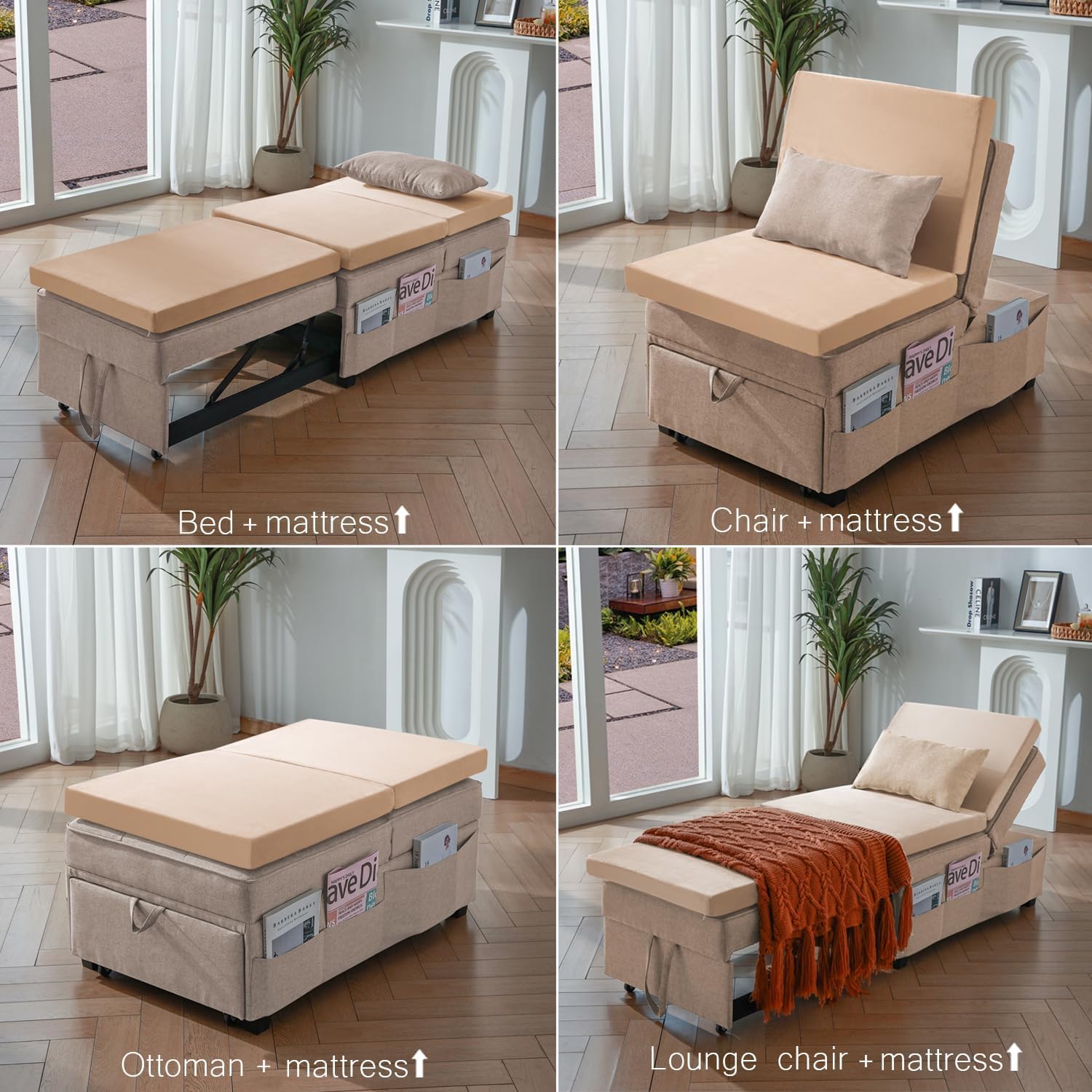Cynefin Silla de sofá cama con colchón especializado, silla convertible cama otomana, cama otomana 4 en 1, almohada lumbar bolsillos laterales de