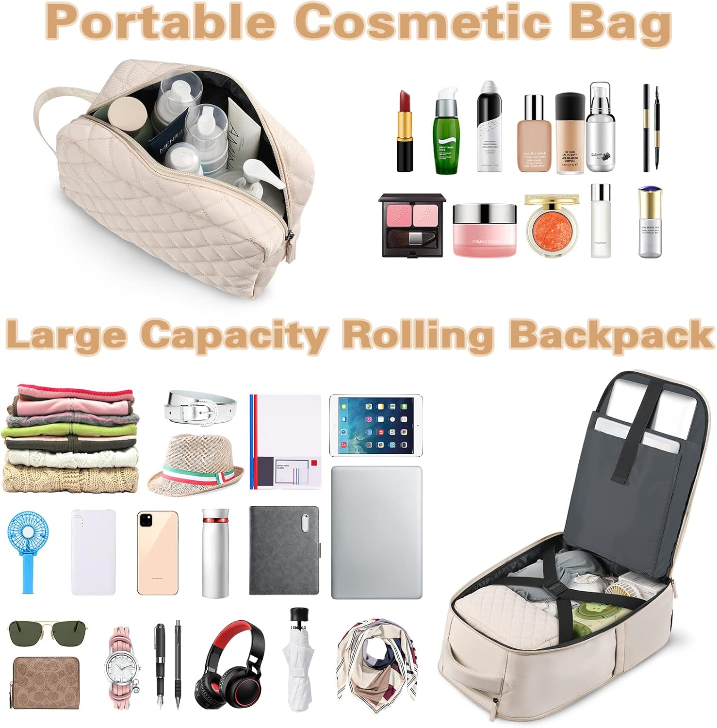ZOMFELT Mochila con ruedas para mujer, mochila de viaje con ruedas, mochila para laptop de 17 pulgadas con bolsa de aseo, mochila de mano con ruedas