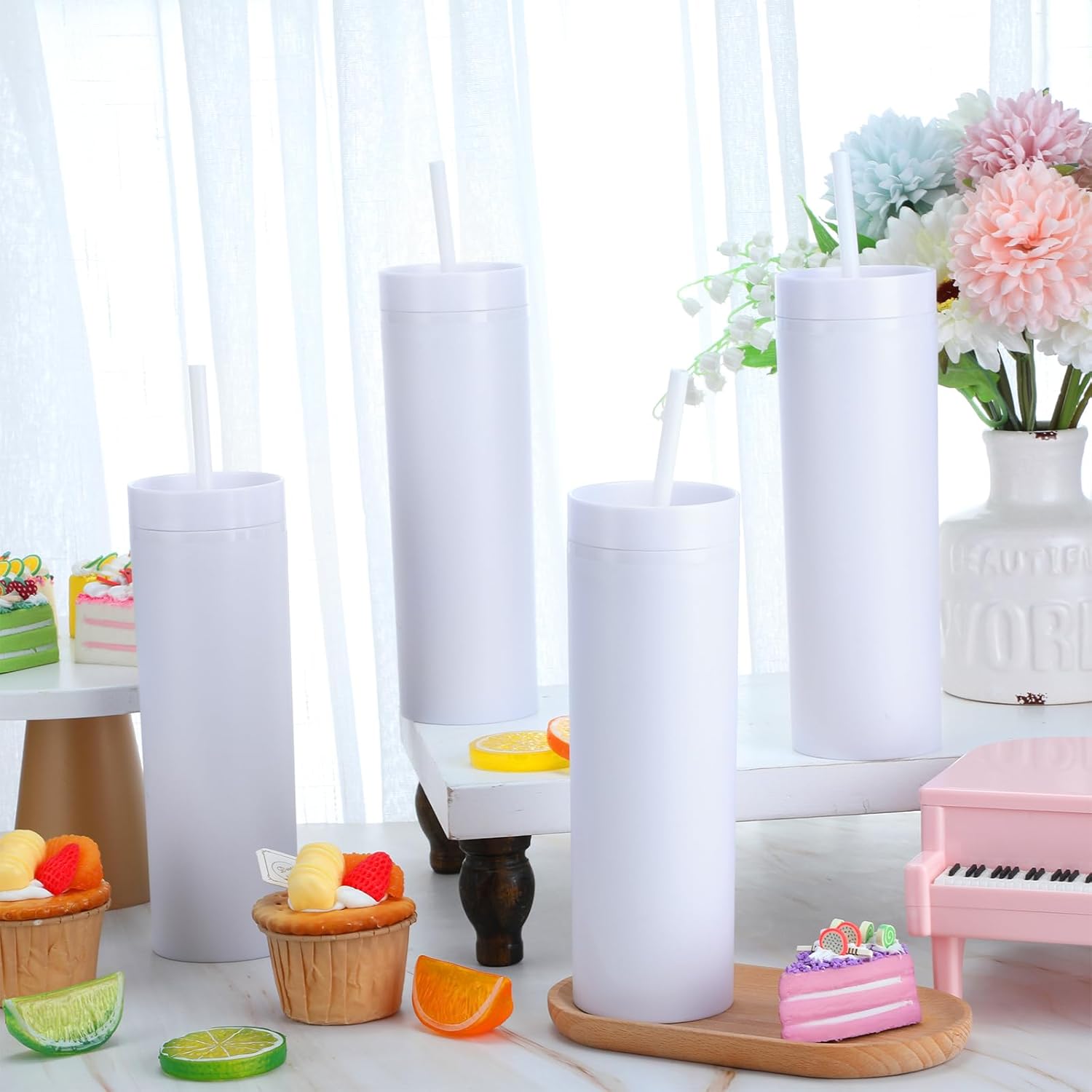 6 vasos delgados con tapas y pajillas, vasos acrílicos de 16 onzas, vasos de plástico de doble pared para despedida de soltero, bebidas frías,