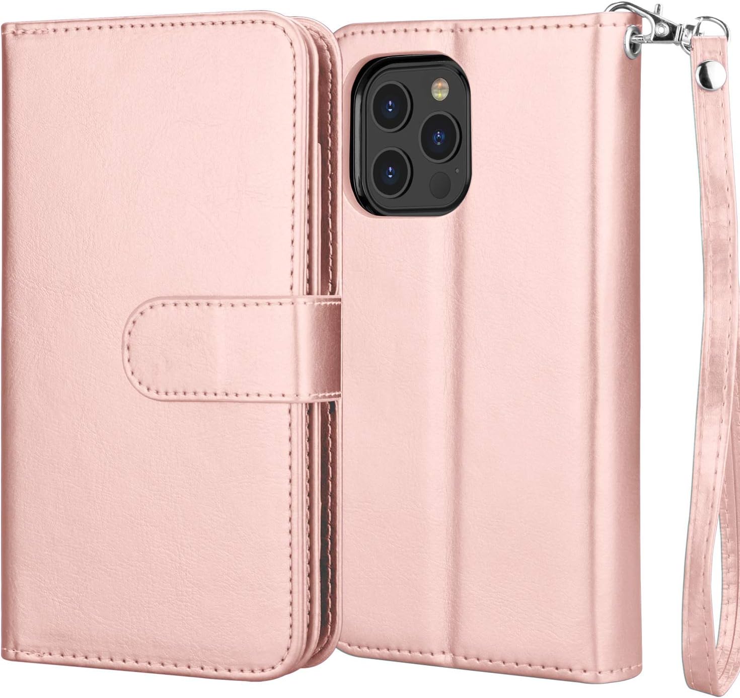 Njjex Funda tipo cartera para iPhone 12 Pro Max de 6.7 pulgadas (2020), 9 ranuras para tarjetas, piel sintética, soporte desmontable, cordón,