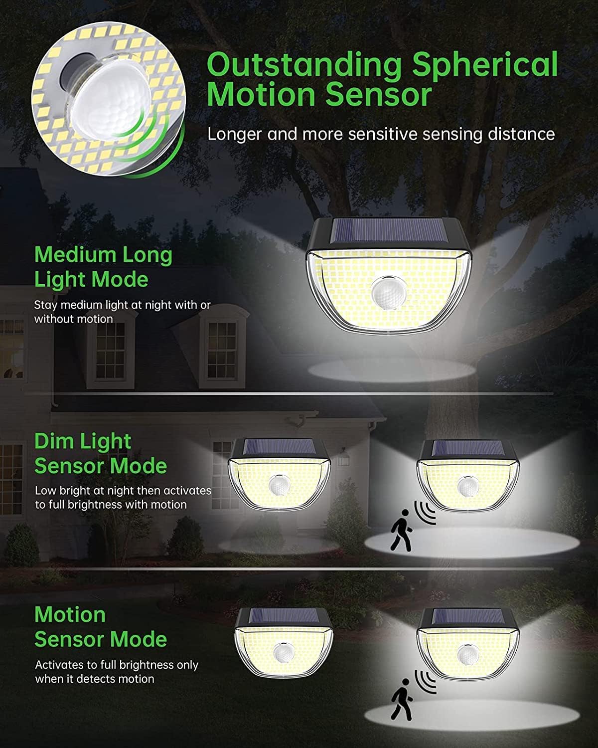 OOTDAY 200 luces LED solares con sensor de movimiento, luces solares para exteriores IP65 impermeables, luz de pared solar con 3 modos de