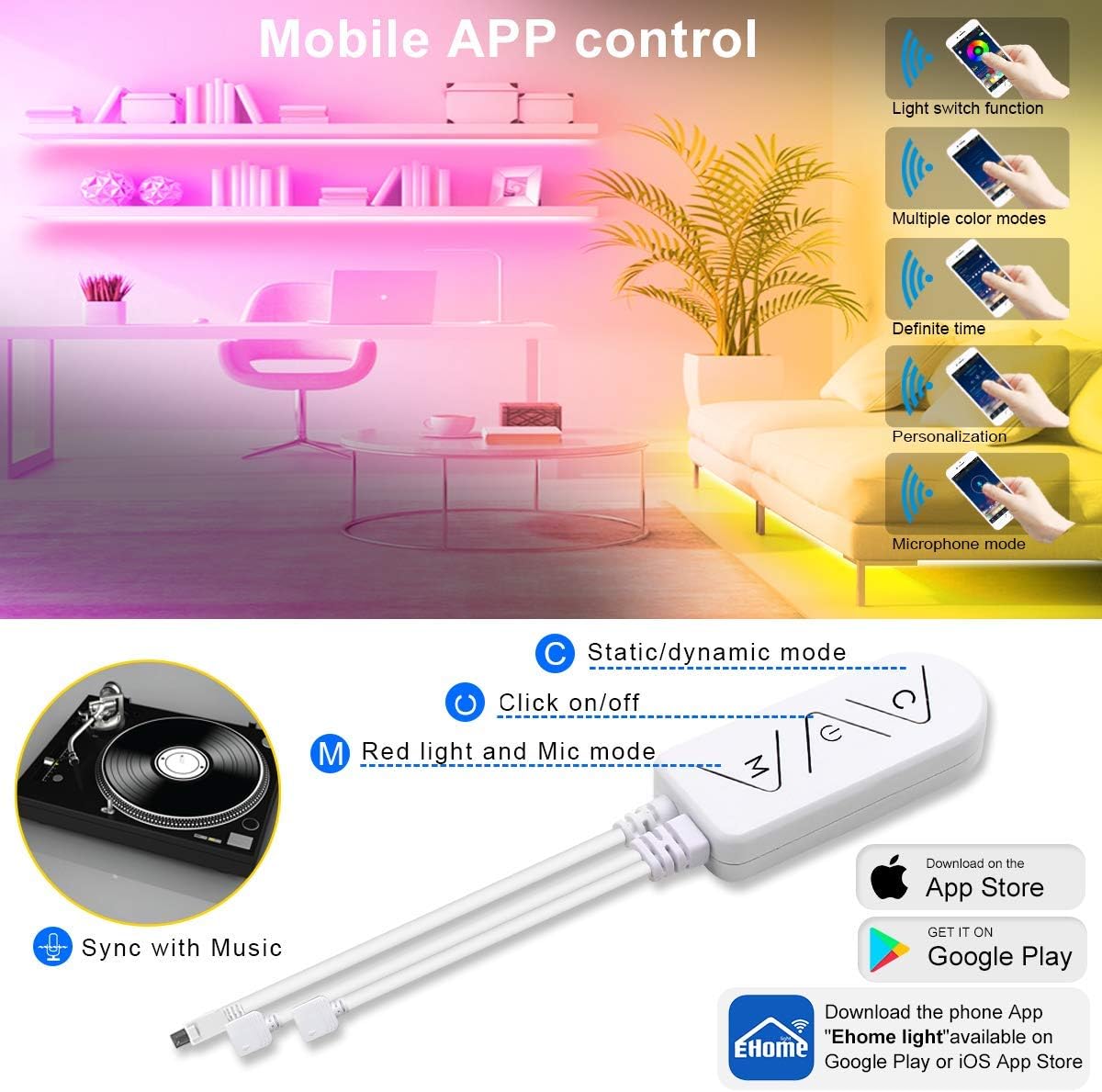 Tira de luces LED, tiras de luz LED de 65.6 pies, multicolor, 5050 luces de cinta LED, sincronización de música, cambio de color, control remoto,