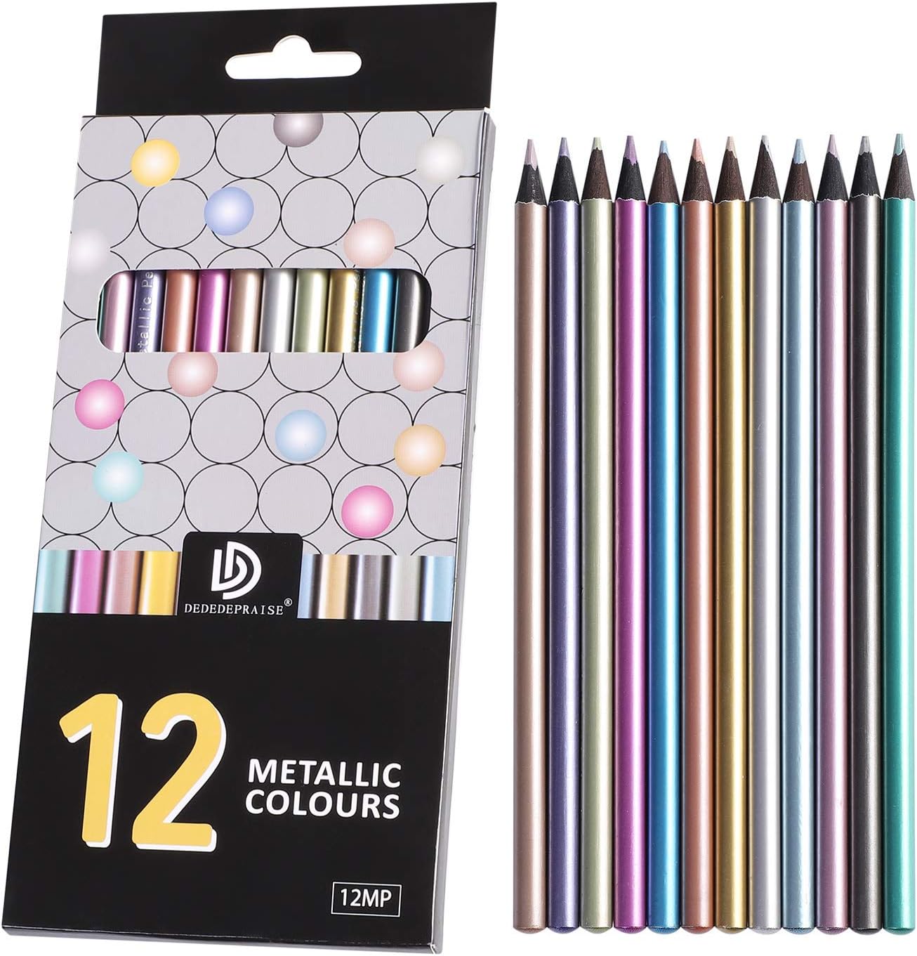 12 lápices de colores metálicos, 12 colores, no tóxicos, lápices de colores preafilados, lápices de dibujo de madera negra, kit de lápices de