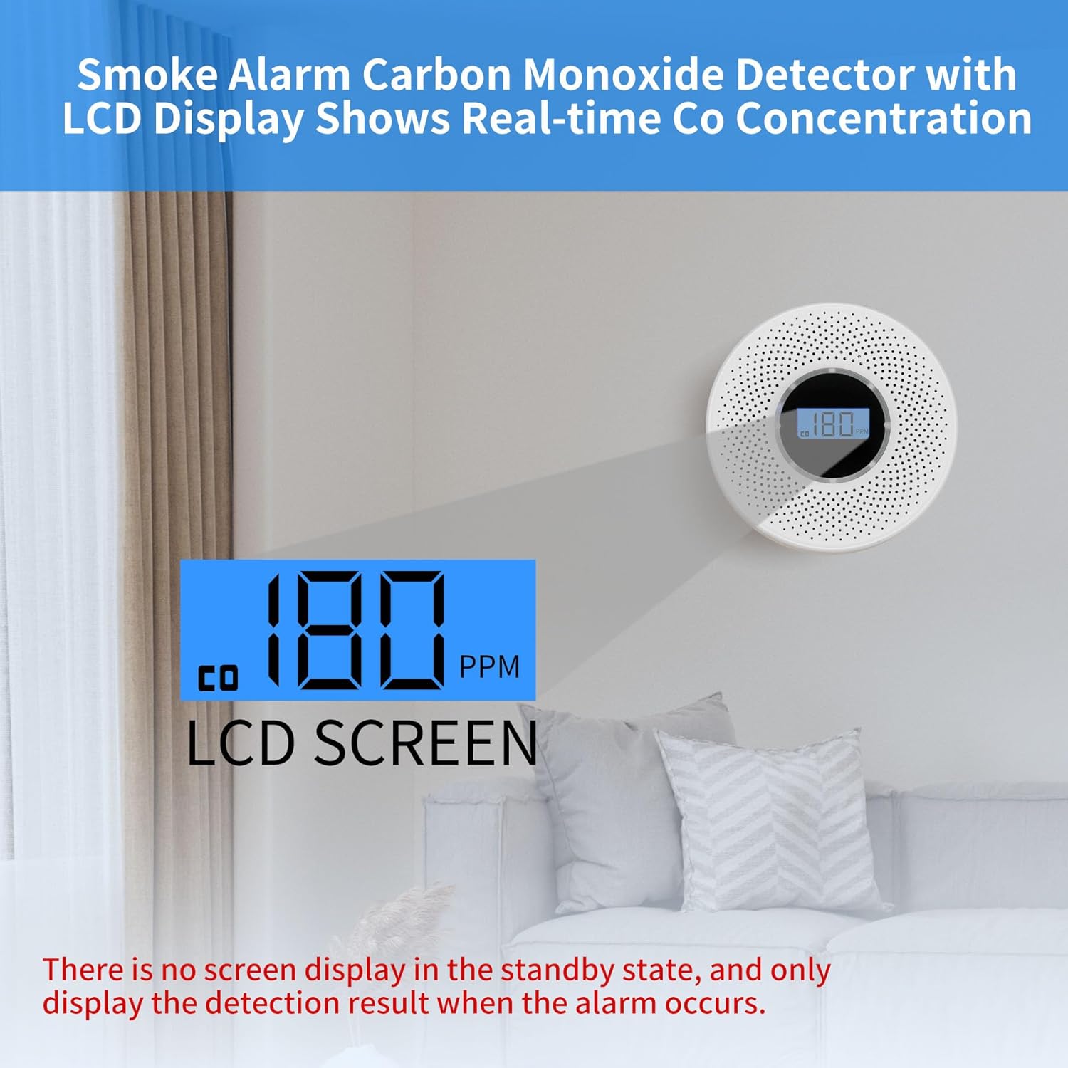 Detector de humo detector de monóxido de carbono combinado con pantalla digital y alarma de luz de sonido, alarma de humo y CO 2 en 1 con batería
