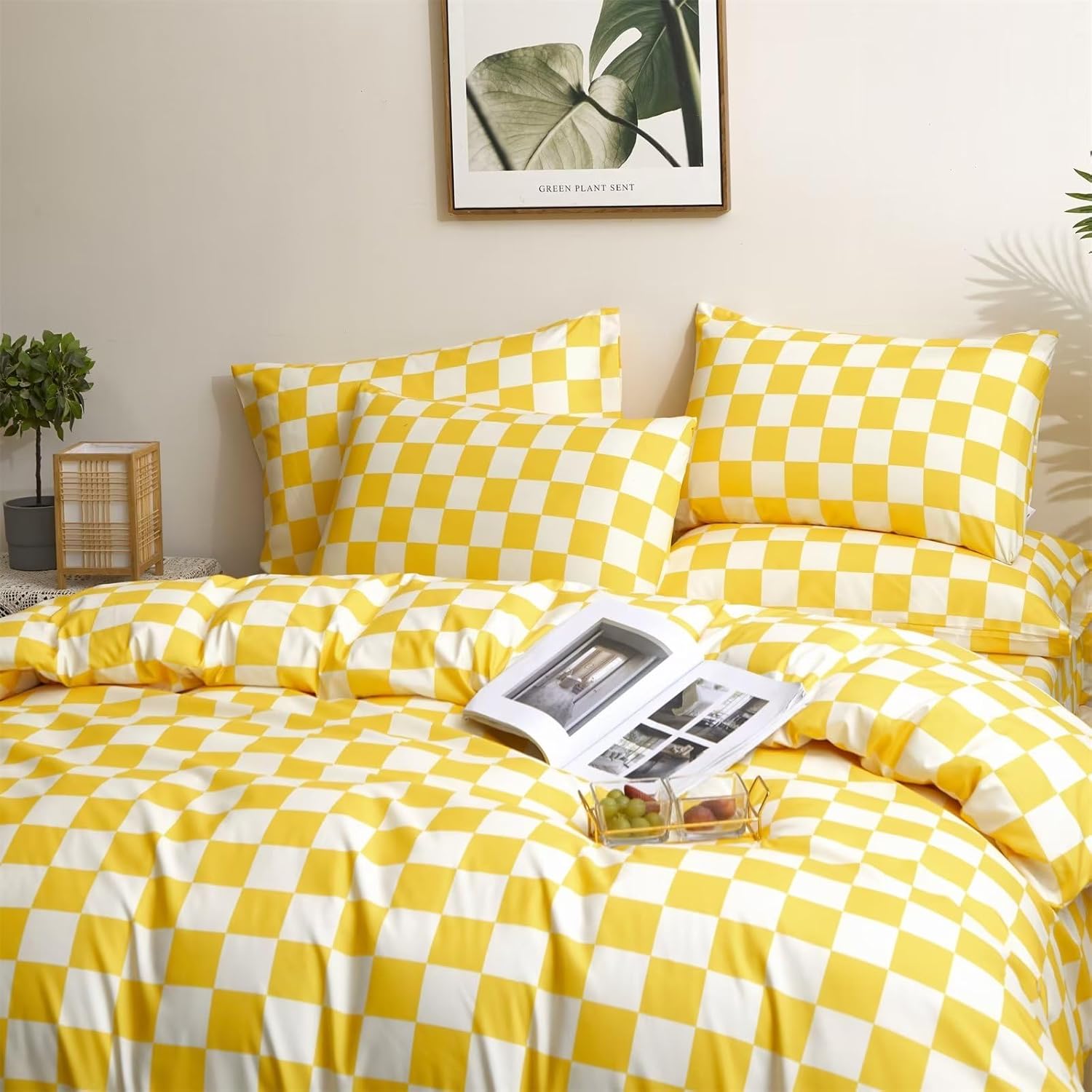 Cottonight Juego de edredón amarillo tamaño Queen, juego de ropa de cama a cuadros con patrón de cuadros amarillo brillante y blanco, edredón suave