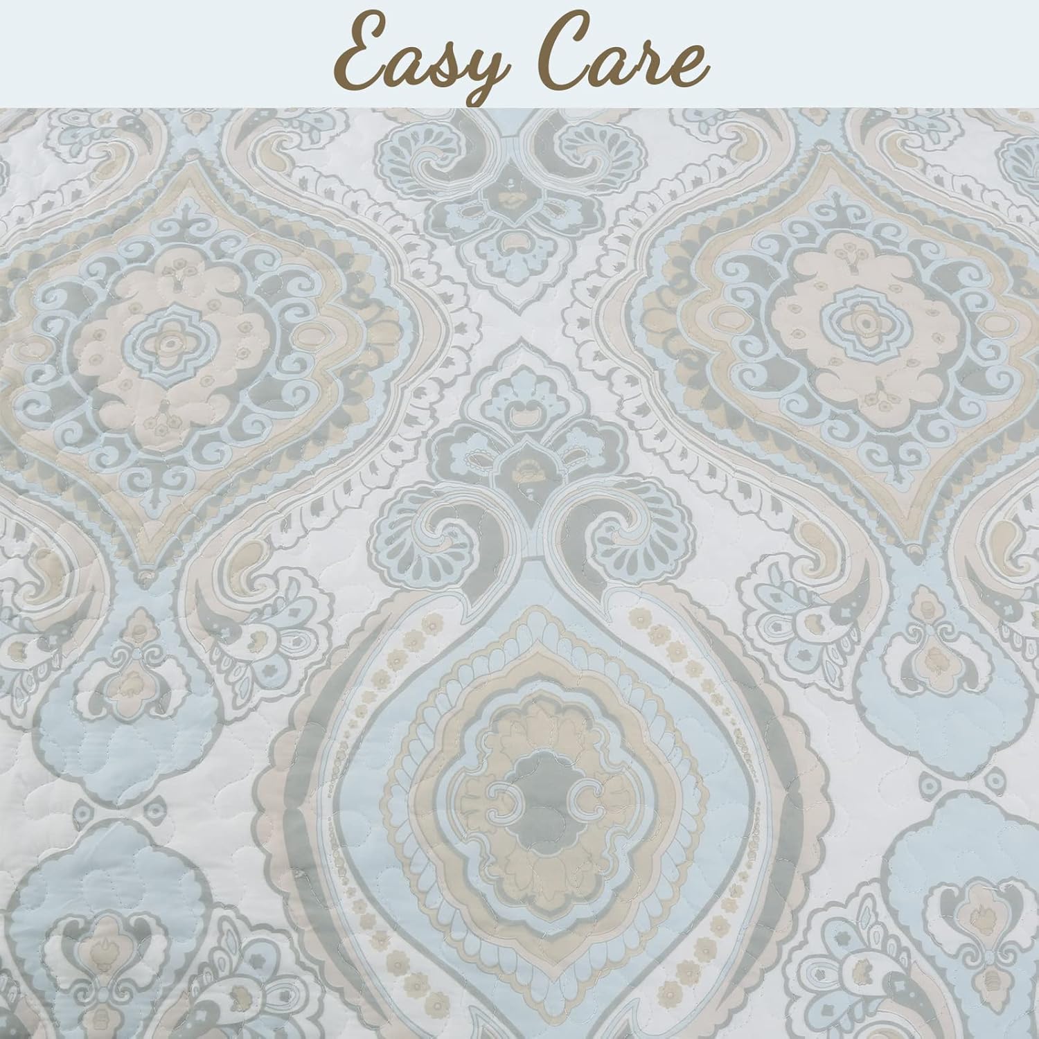 Cozy Line Home Fashions Juego de ropa de cama reversible de microfibra azul cielo, color gris tostado, colcha (medallón moderno, tamaño Queen, 3