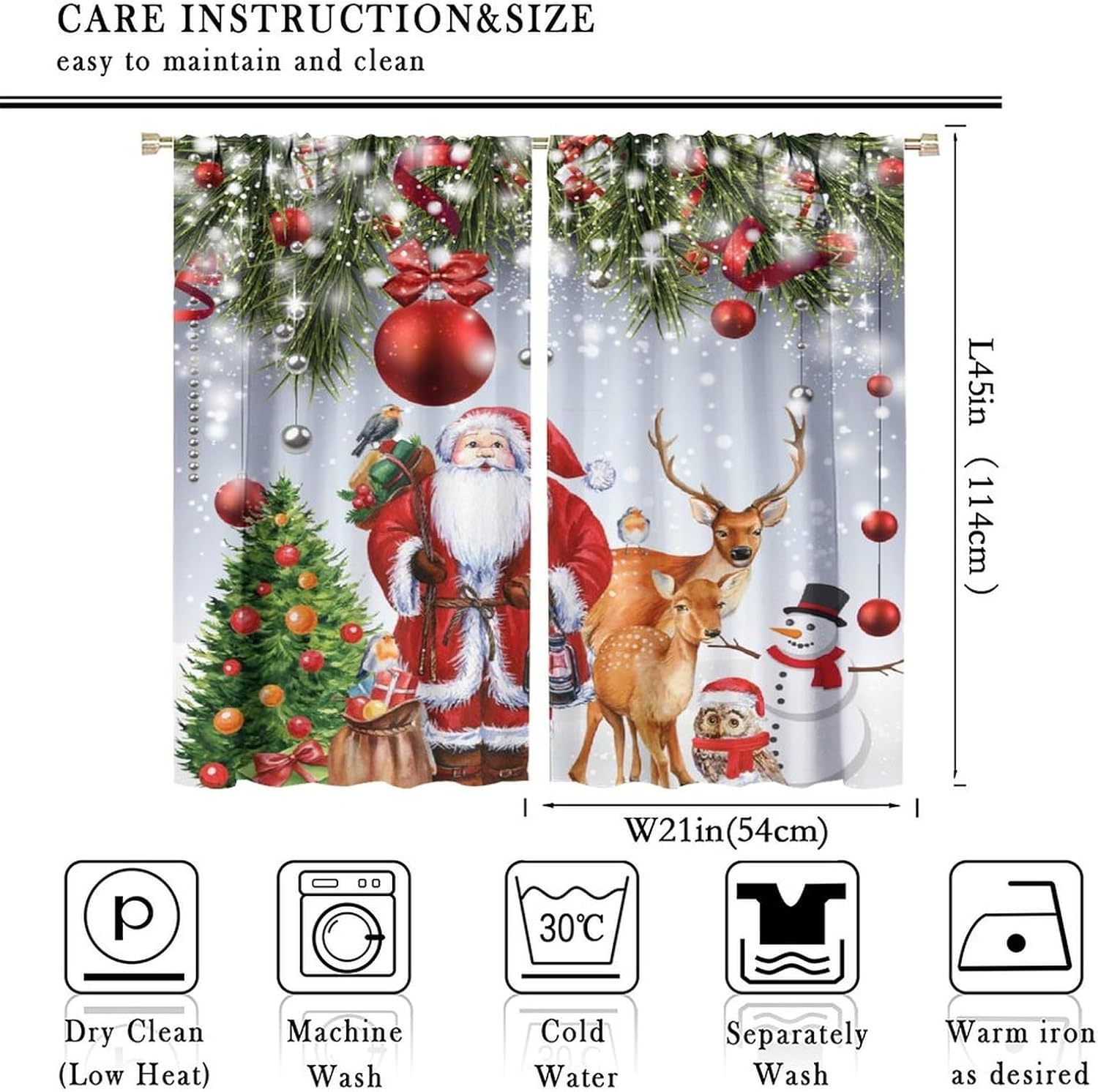 Cortinas de Navidad lindas de Papá Noel, muñeco de nieve, árbol de Navidad, copo de nieve, vacaciones de invierno, feliz año nuevo, patrón impreso,