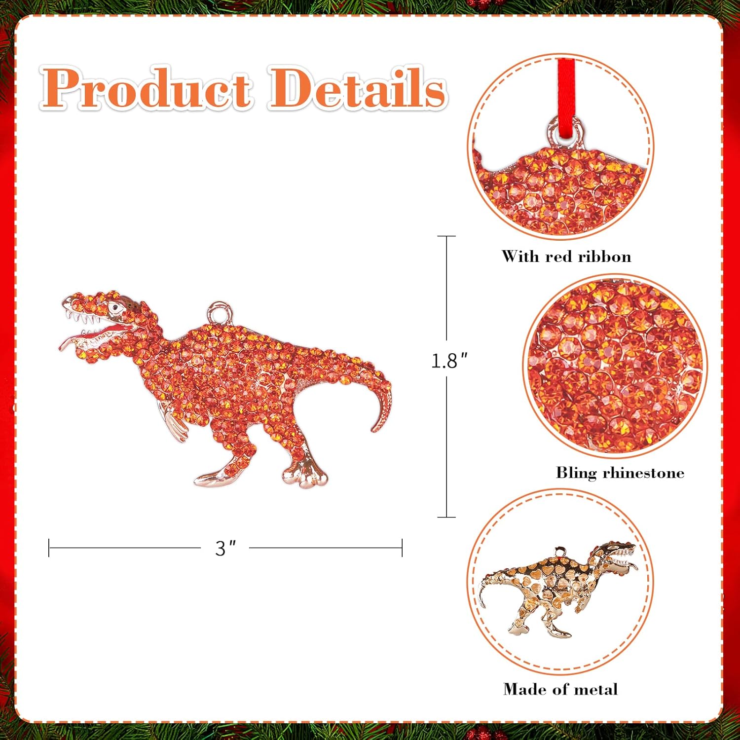 WaaHome Adornos de Navidad de dinosaurio de metal, adornos de recuerdo de dinosaurio naranja para decoraciones de árbol de Navidad, decoración de