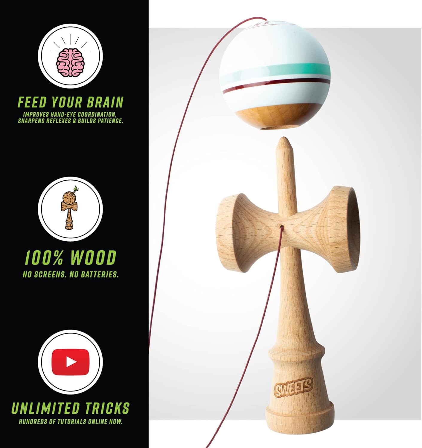 Sweets Kendamas Boost Sport Stripe Kendama – Pintura adhesiva, mejora la coordinación ojo-mano, reflejos, diseño de rayas, paquete de regalo de