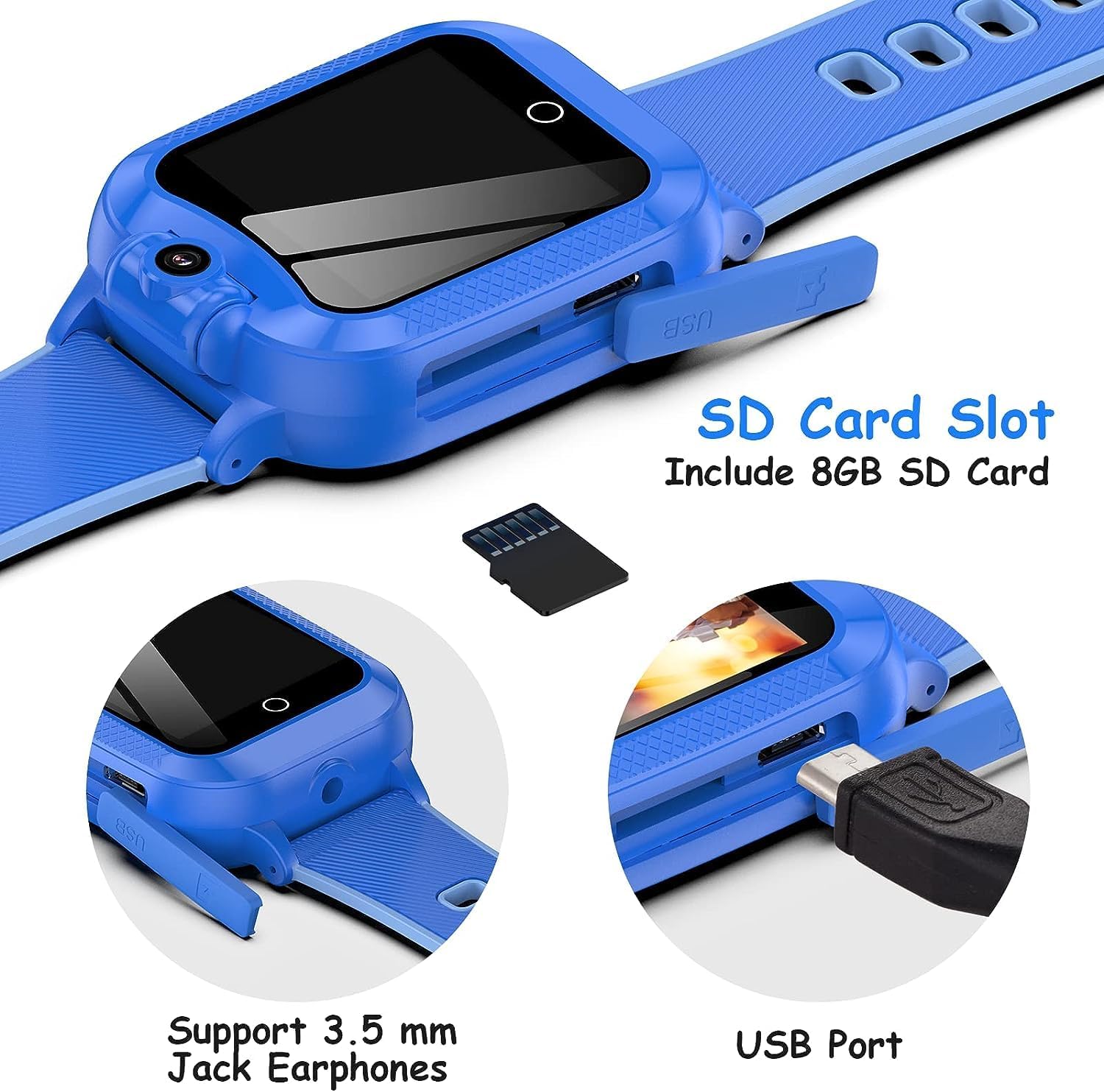 ASIUR Reloj inteligente para niños, regalos de cumpleaños, juguetes para niños de 3 a 8 años, reloj inteligente con tarjeta SD de 8 GB (azul)