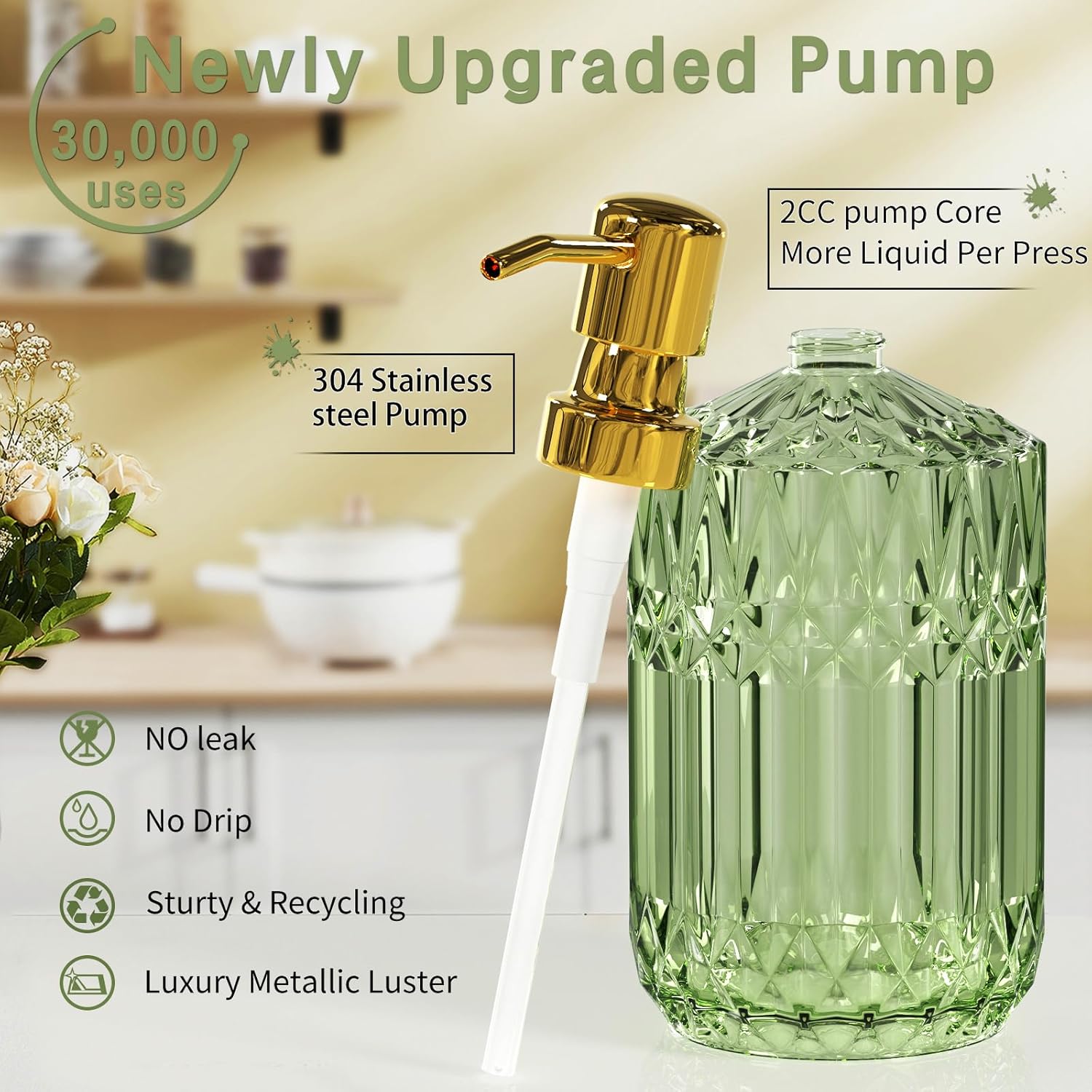 Juego de 5 accesorios de baño verde de alta calidad, moderno organizador de tocador de cristal para decoración de baño, dispensador de jabón de