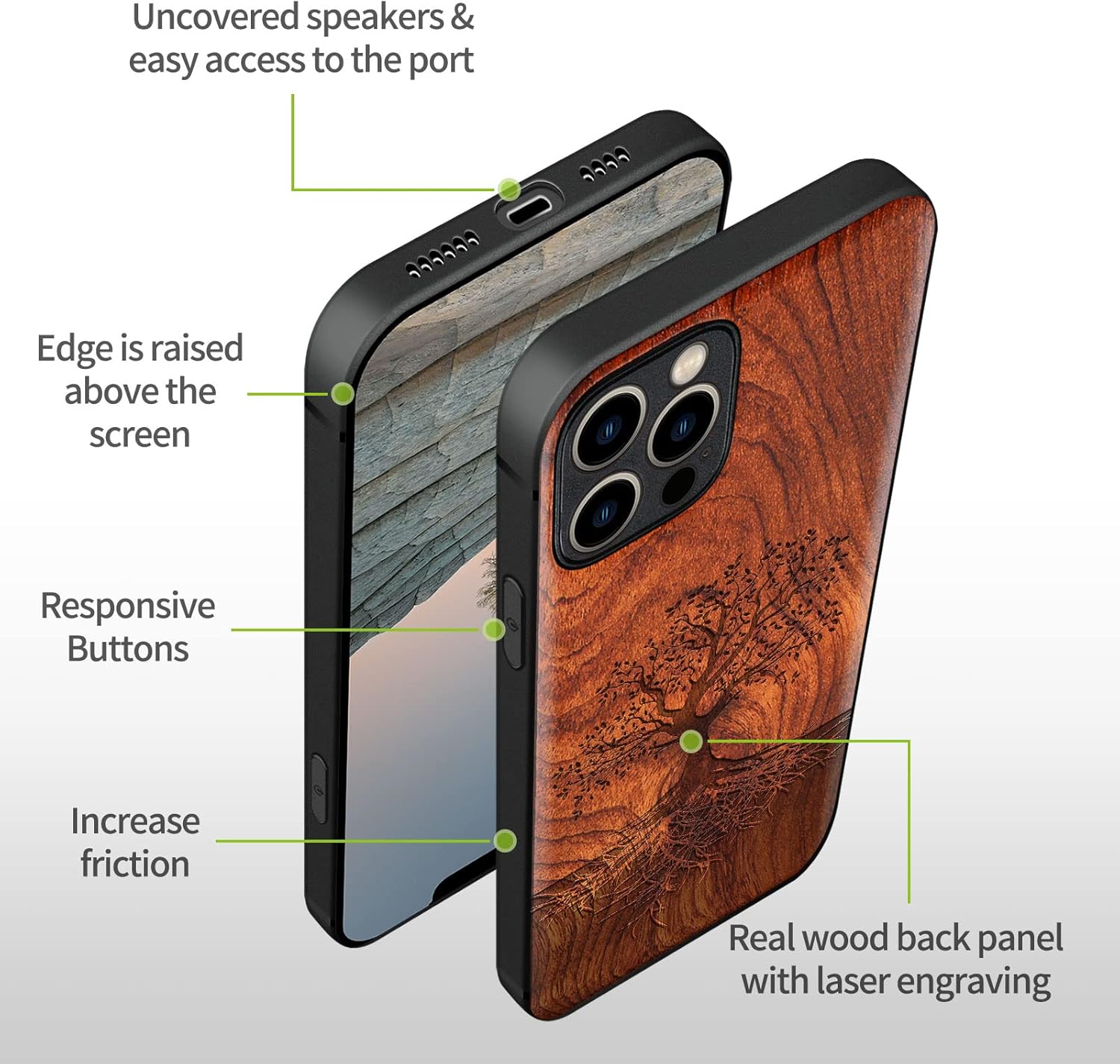 Carveit Funda magnética de madera para iPhone 12 Pro madera real dura y TPU suave negro a prueba de golpes, funda protectora única y elegante de