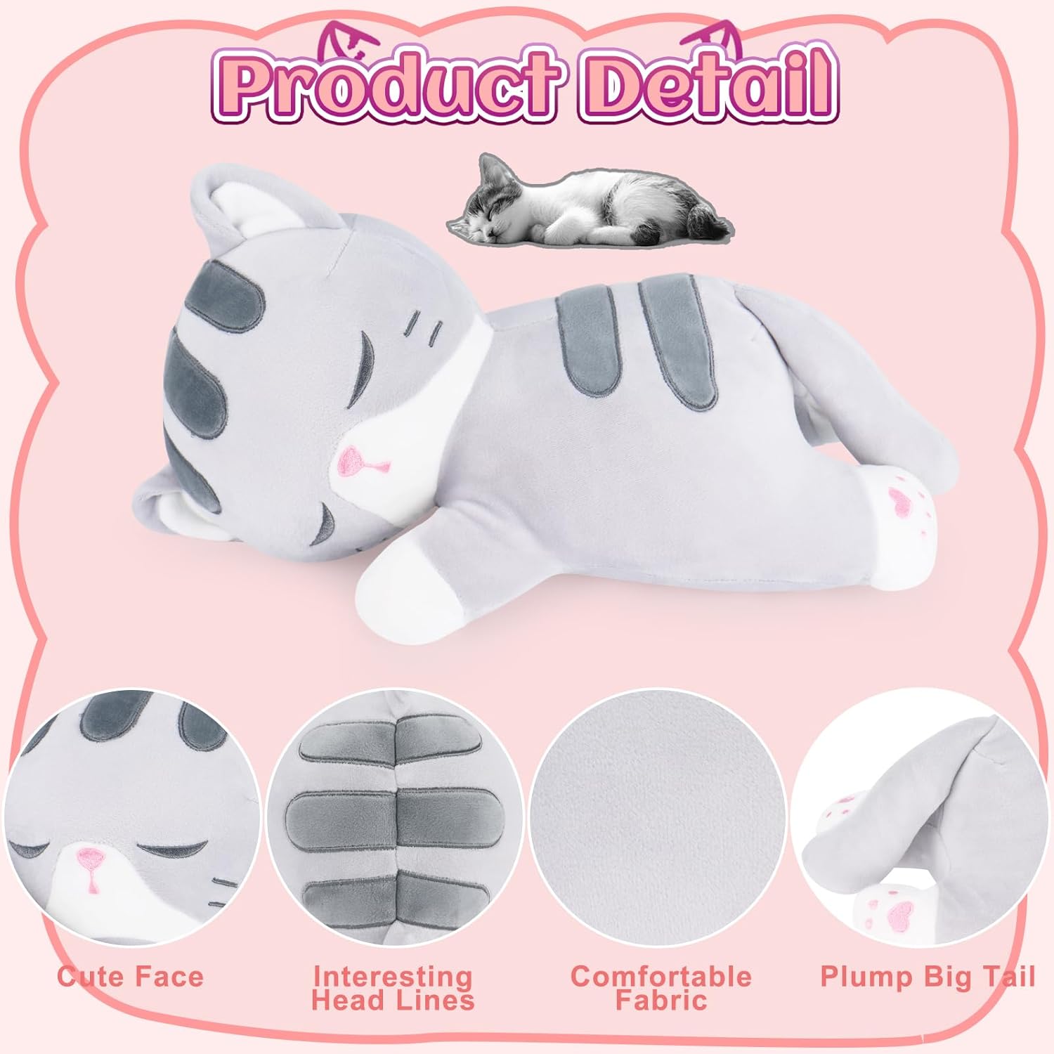 Achwishap Peluche de gato, almohada de felpa de gato, almohada suave de peluche kawaii para abrazar, lindos juguetes de peluche para niños y