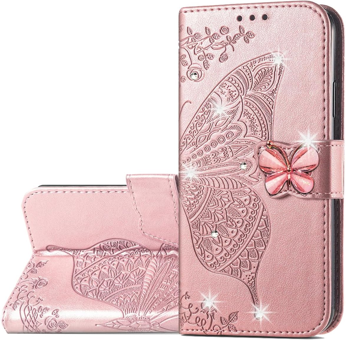Funda tipo cartera para Samsung Galaxy A13 5G, diseño de mariposa de piel sintética con cierre magnético y tarjetero para Galaxy A13 5G Rhinestone