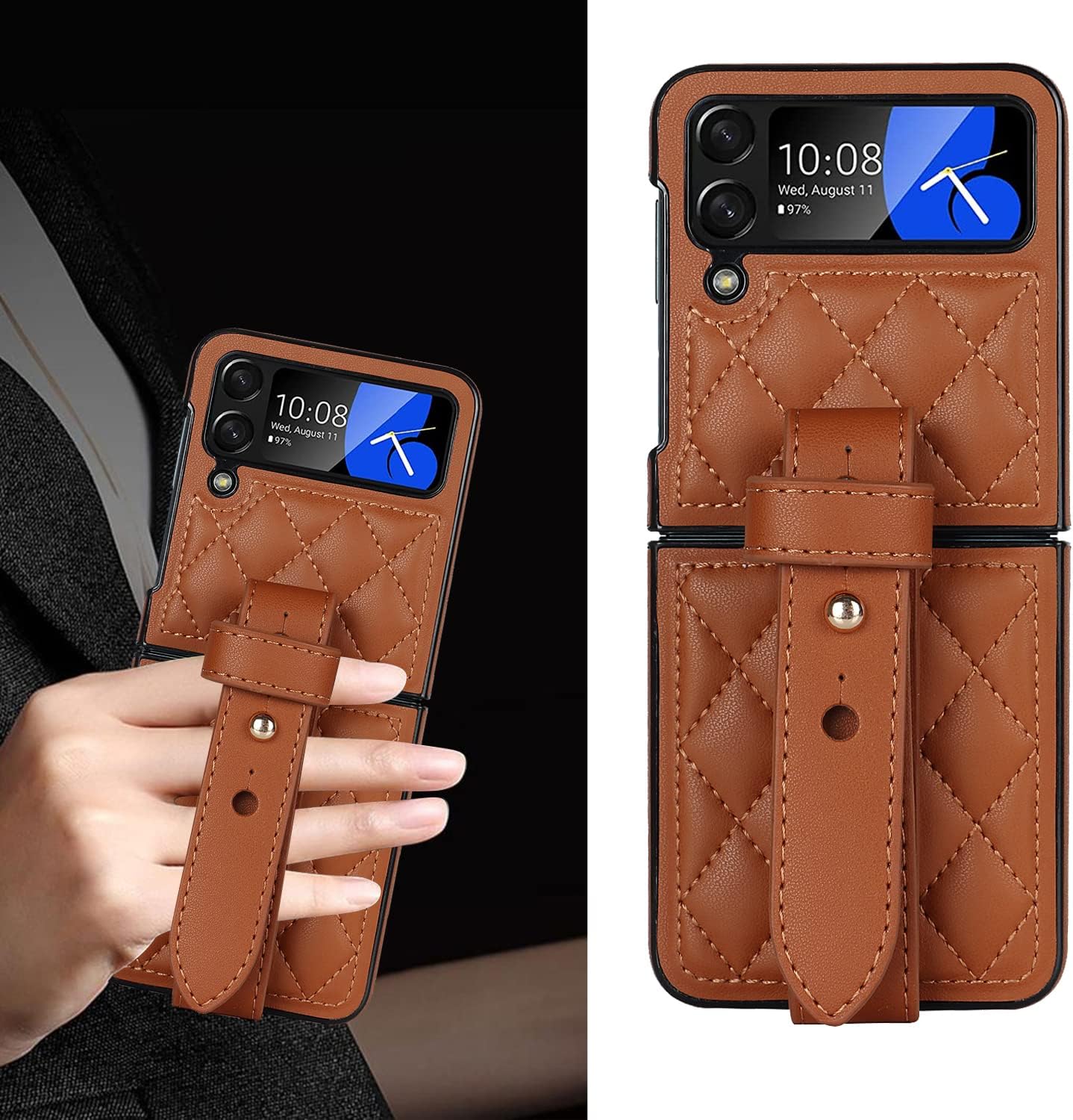 Asuwish Funda de teléfono para Samsung Galaxy Z Flip 4 5G 2022 con correa para la muñeca, delgada, delgada, a prueba de golpes, carcasa dura, de