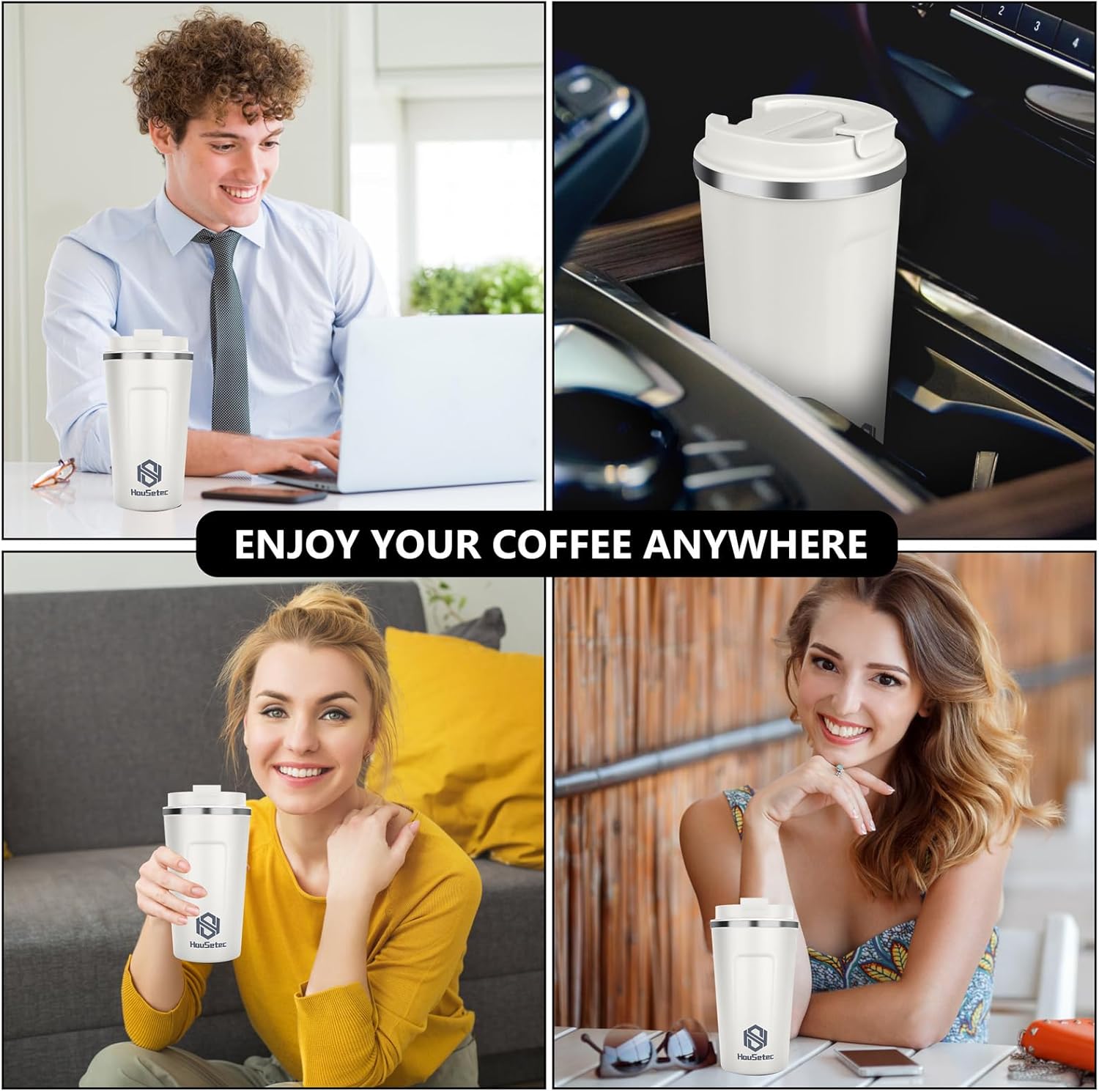 Elayce Taza de café, vasos de café con popotes y cepillos para pajillas, taza de café de viaje con tapas a prueba de fugas para mantener el agua