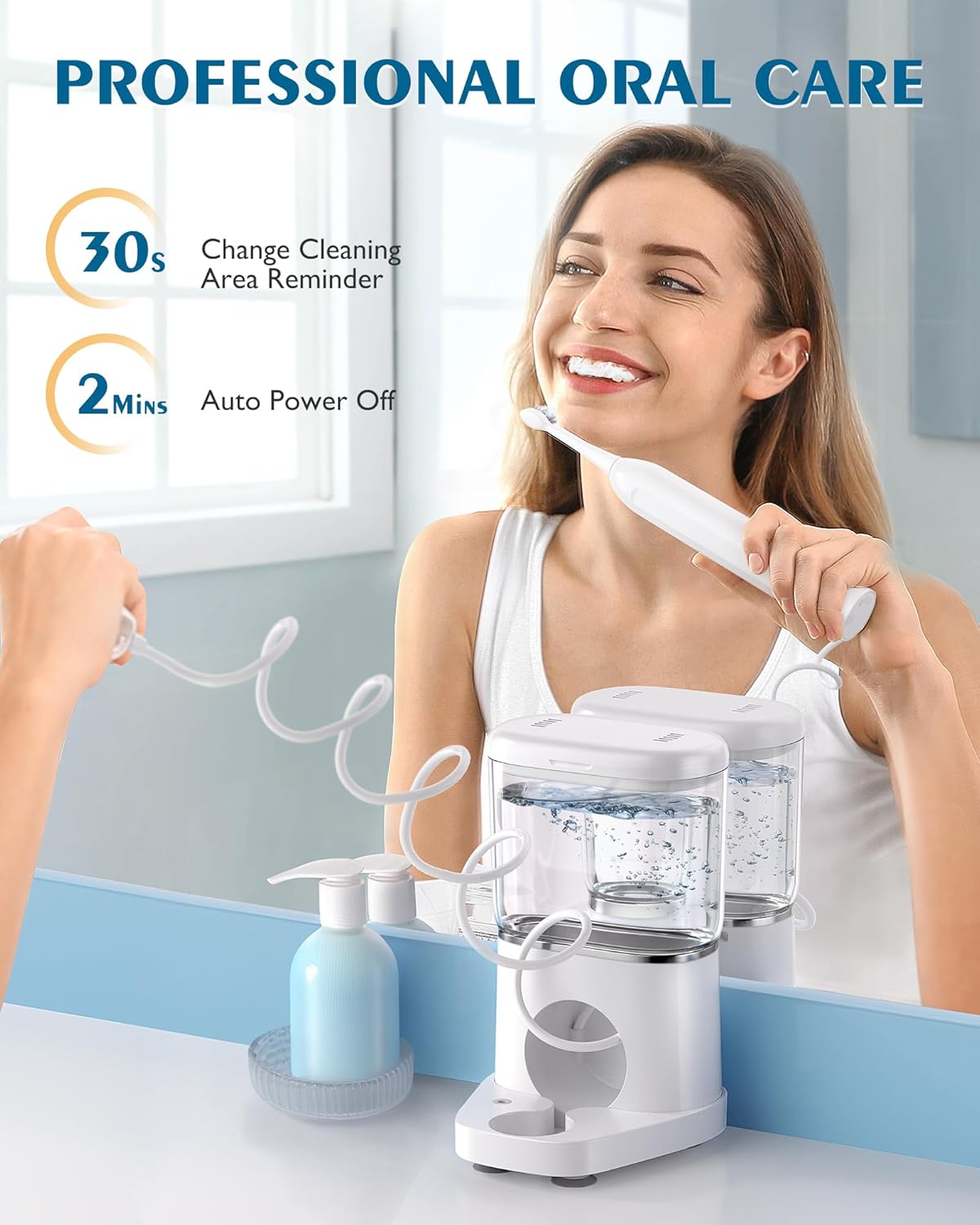 AGPTEK Cepillo de dientes eléctrico e hilo dental de agua, limpiador de dientes inalámbrico de 3 modos y 5 irrigadores orales a presión de agua,