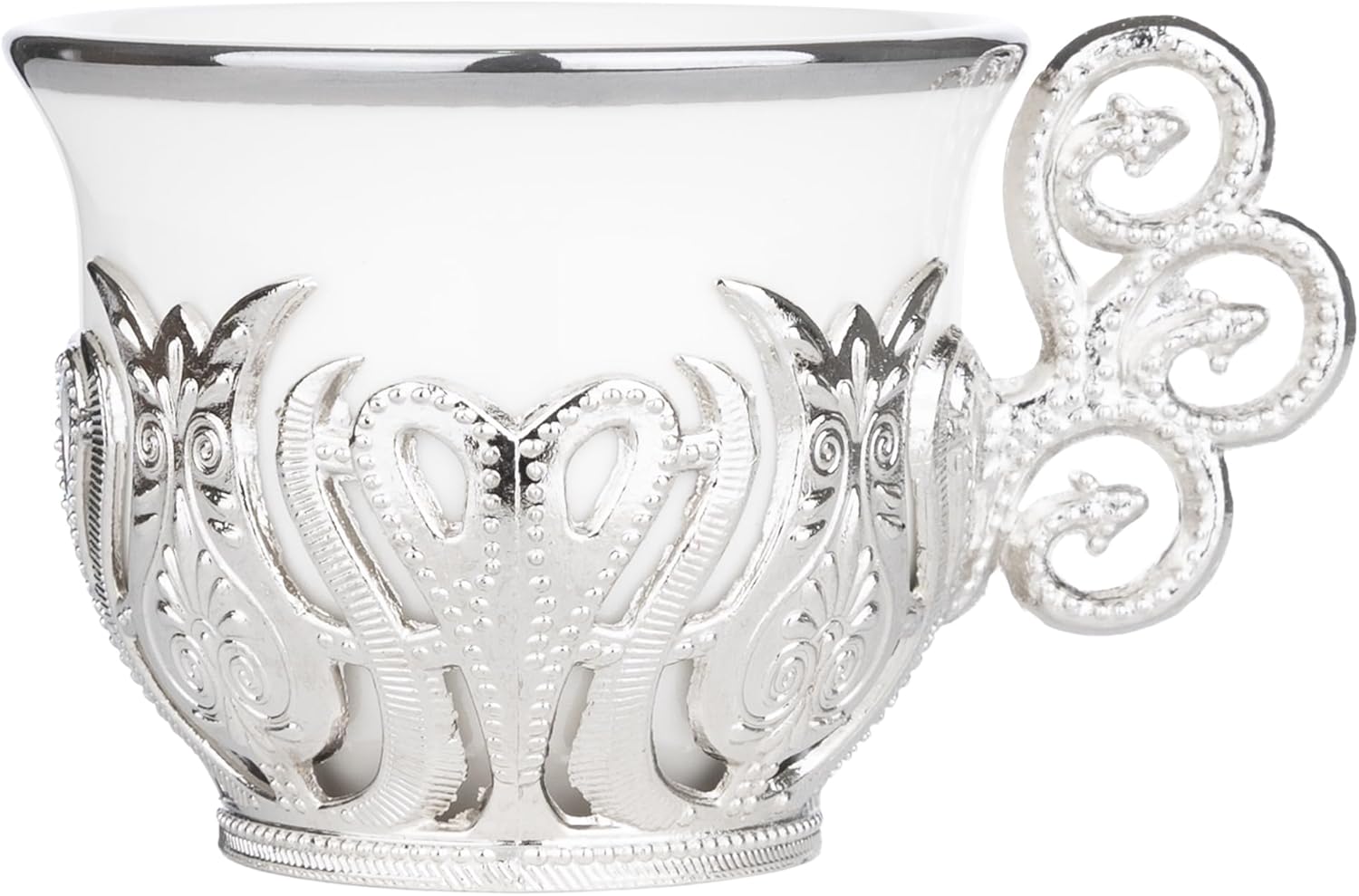 Alisveristime Juego de tazas de café turco, porcelana blanca y metal de zinc con motivos turcos, 6 tazas y platillos (plateado)