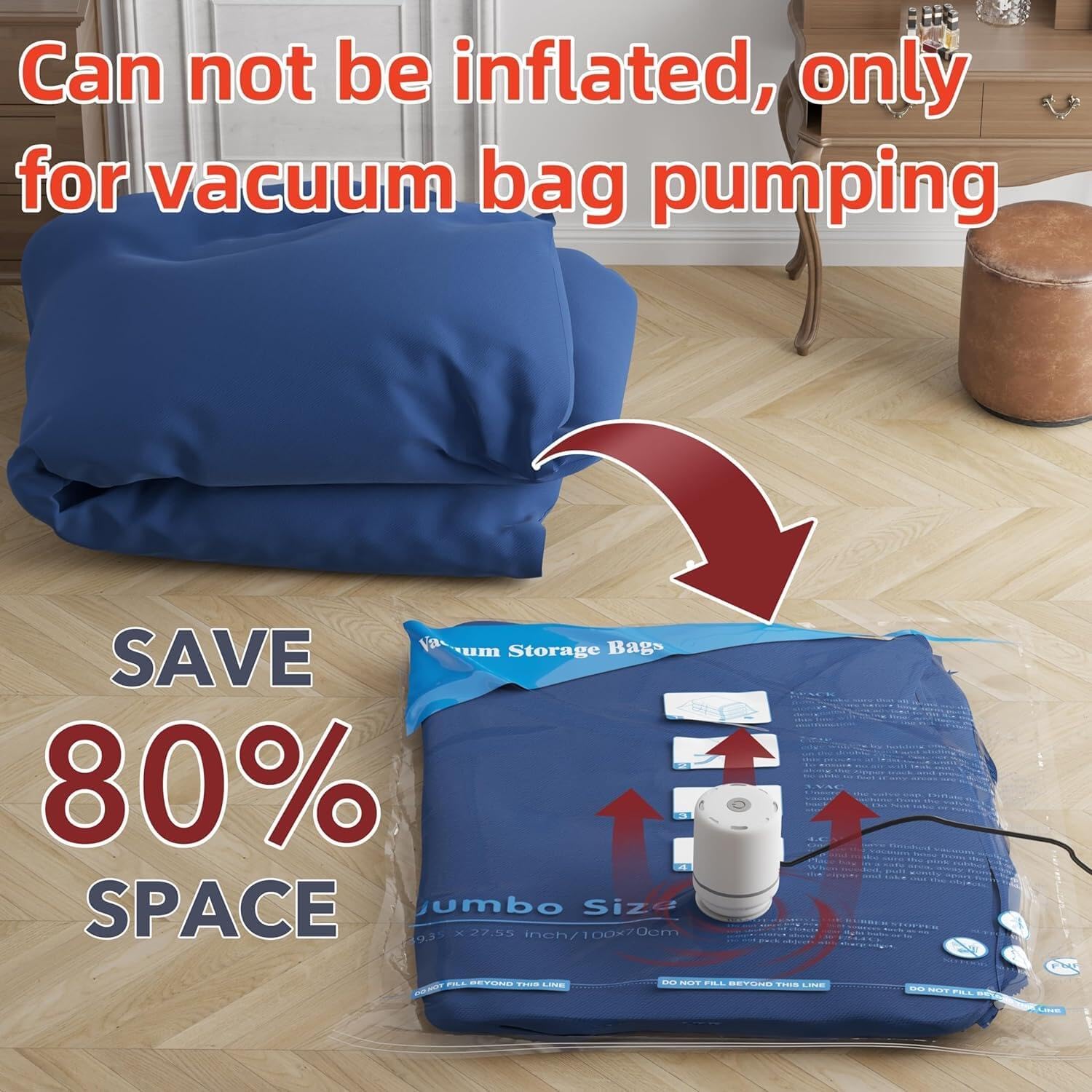 Paquete de 24 bolsas de almacenamiento al vacío con bomba eléctrica, (5 jumbo, 5 grandes, 5 medianas, 5 pequeñas, 4 bolsas enrollables) bolsa