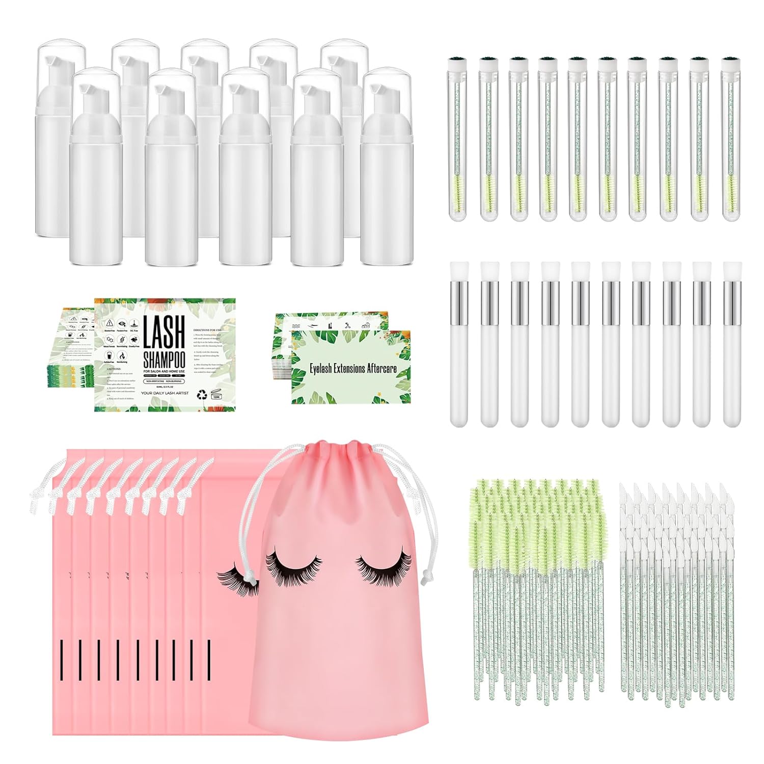 Juego de 170 botellas de champú para pestañas, cepillo de cuidado posterior, juego de limpieza de baño de pestañas con botella de bomba de espuma,