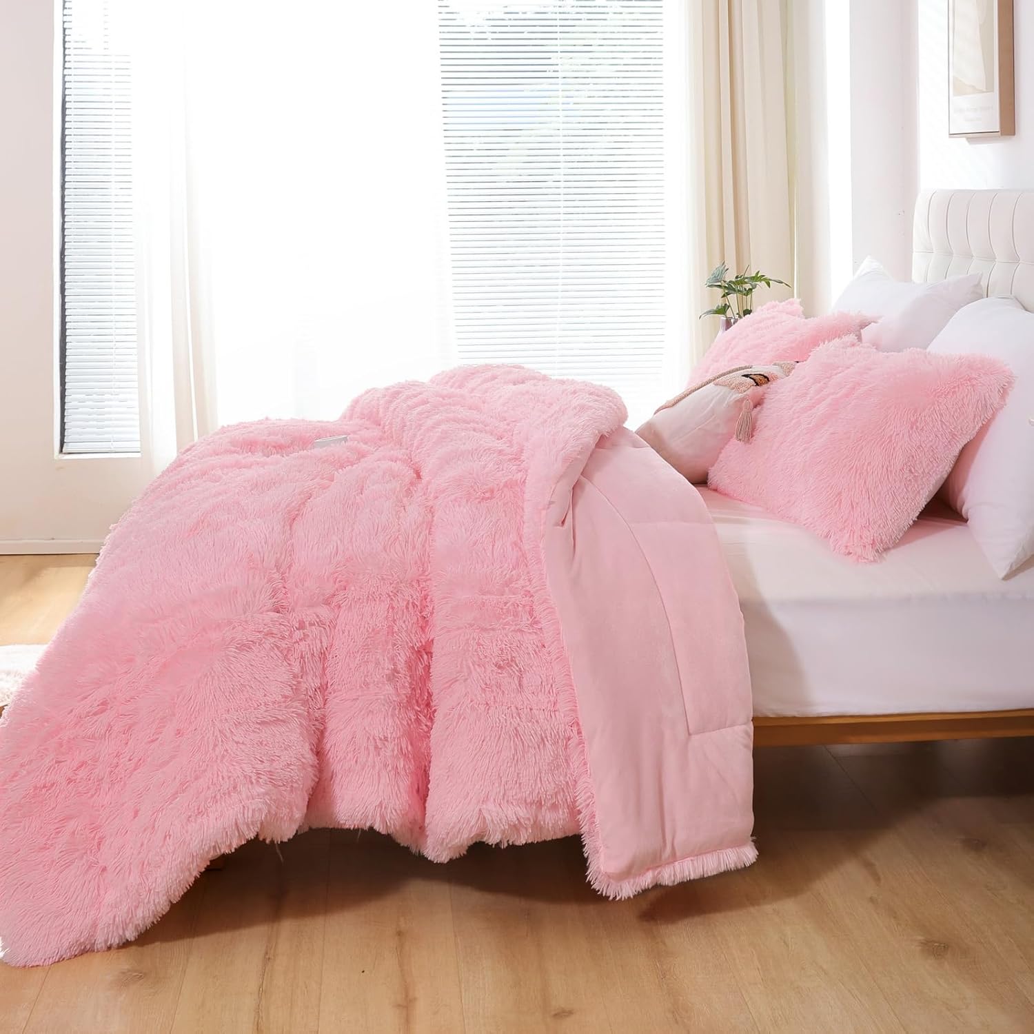 Smoofy Juego de edredón de pelo sintético de color rosa, tamaño matrimonial, 3 piezas, juego de edredón de felpa mullida y mullida, bonito juego de