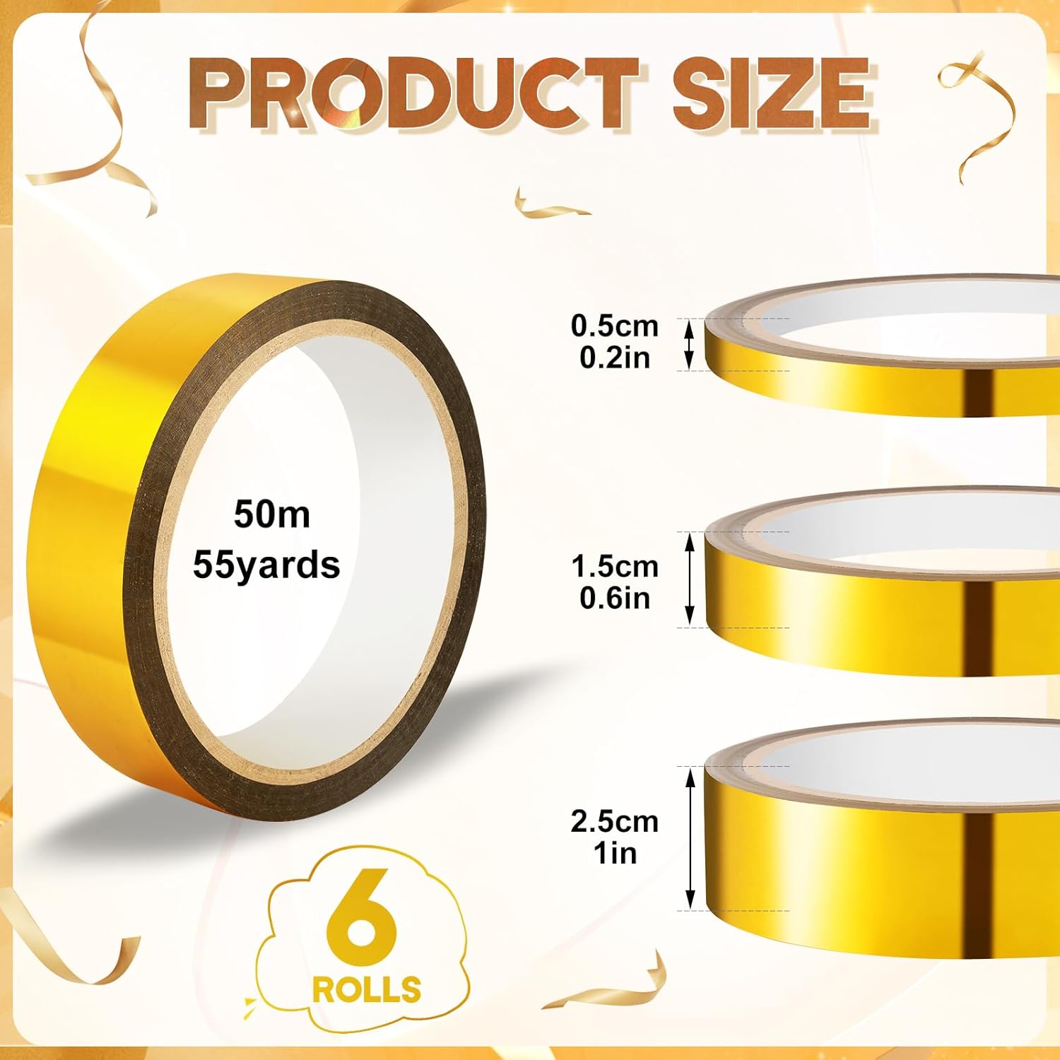 6 rollos de cinta dorada, cinta adhesiva dorada washi cinta metálica de múltiples anchos para decoración de pared, cinta de lámina dorada,