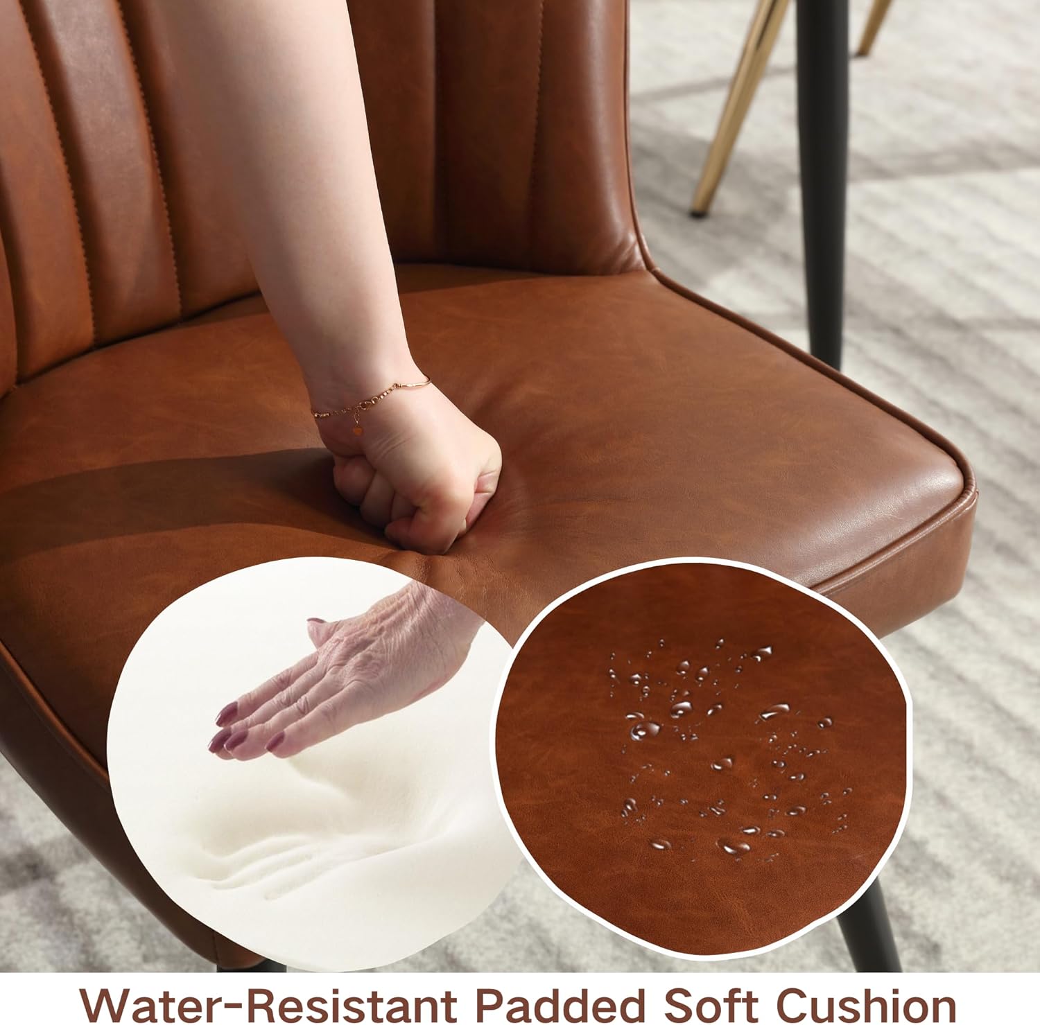 Shuizhi – Juego de 2 sillas de comedor de cuero marrón modernas, sillas de comedor tapizadas con respaldo de conchapatas de metal, sillas laterales