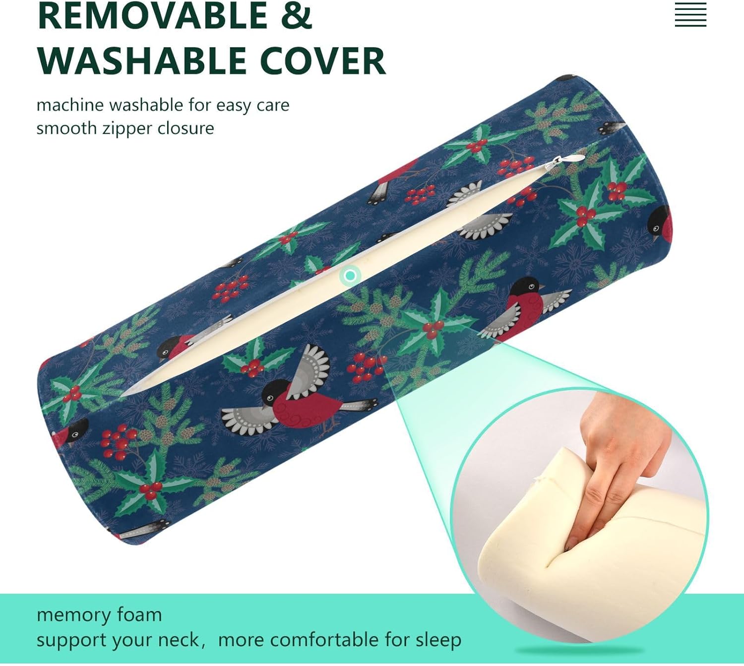 KLL Winter Birds Pattern Bolster Pillow Yoga Neck Roll Pillow Decorative Round Pillow Insert 17 Inch Memory Foam Cylinder Pillow Pillow with Neck