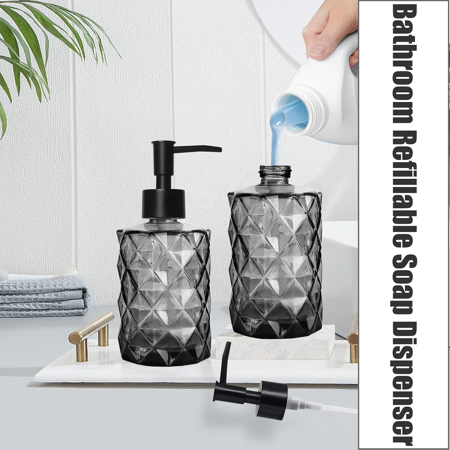 Dispensador de jabón de vidrio negro de 11 onzas, paquete de 2 dispensadores de jabón para manos y platos para cocina, dispensadores de botellas de