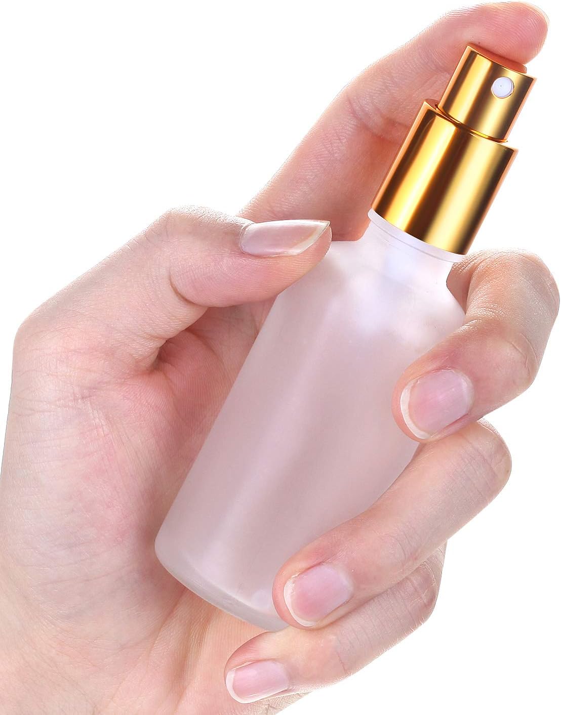 Paquete de 6 botellas de vidrio esmerilado de 1.7 onzas con atomizador de niebla fina y tapa de bomba dorada, recipientes vacíos de perfume de
