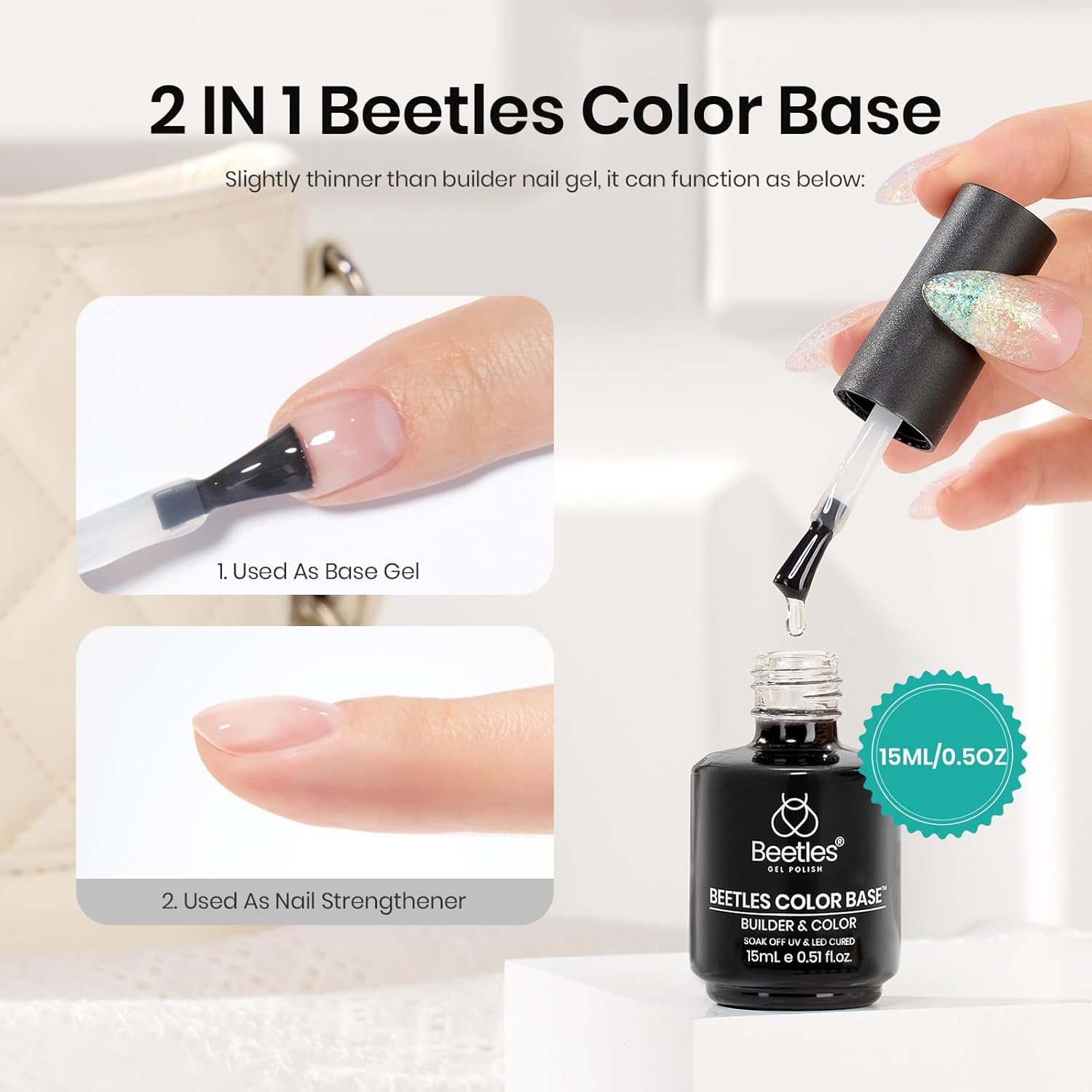 Beetles – Esmalte de uñas de gel transparente para uñas, gel base de color transparente 2 en 1, esmalte de uñas transparente Beetles, gel base de