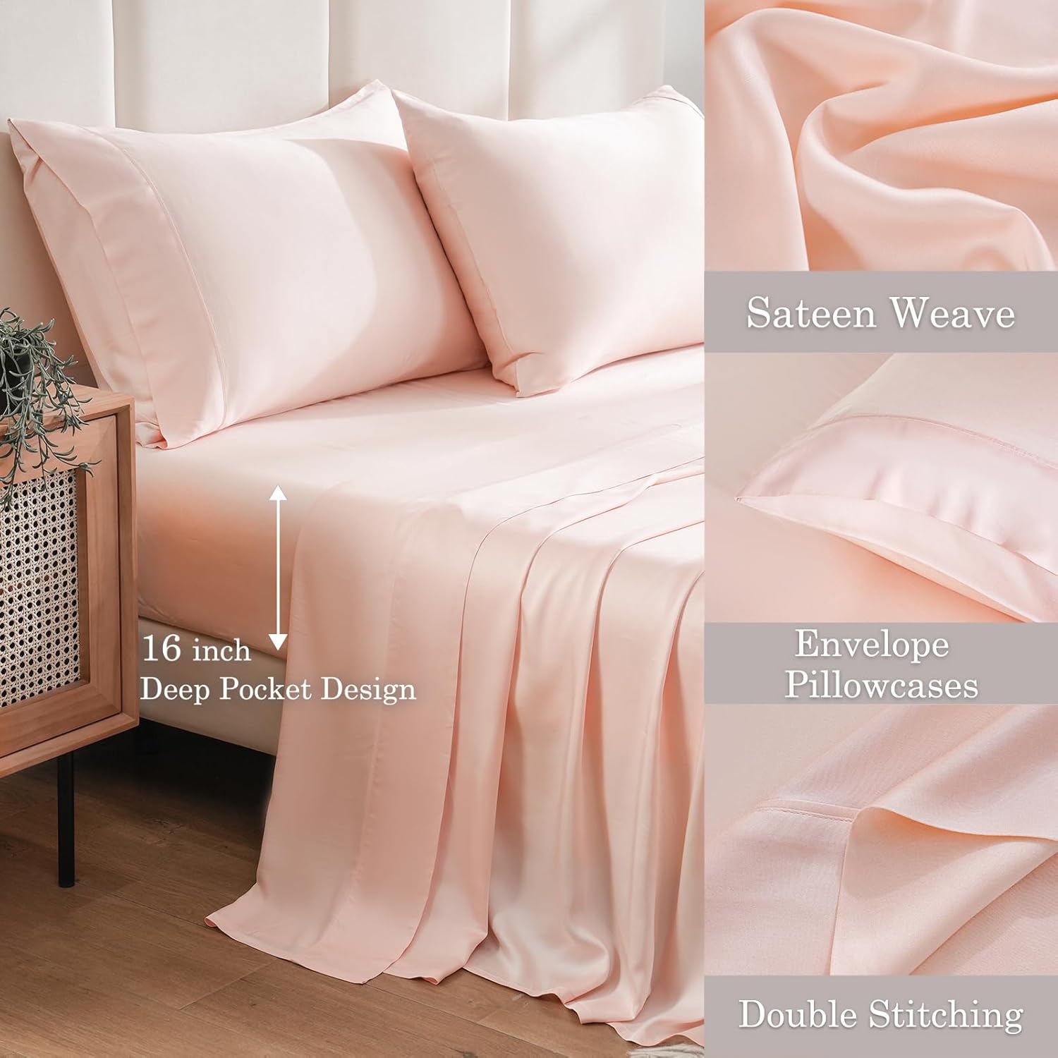 Bedlifes California King Sheet Sets-Rayon Derived from Bamboo Cooling Sheets-400TC Breathable Luxury Bed Sheets,Sateen Silky Bedding Sheets-16 Deep