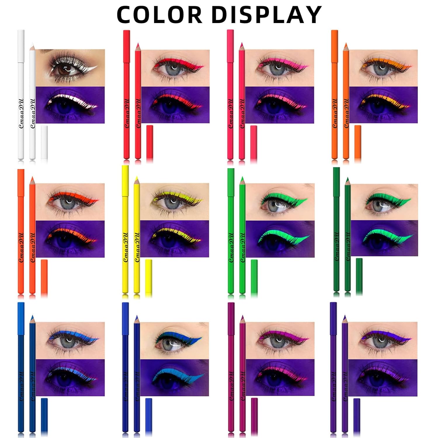 HOSAILY Juego de delineador de ojos de 12 colores con brillo UV, delineador de ojos neón de color crema mate, impermeable, de larga duración,