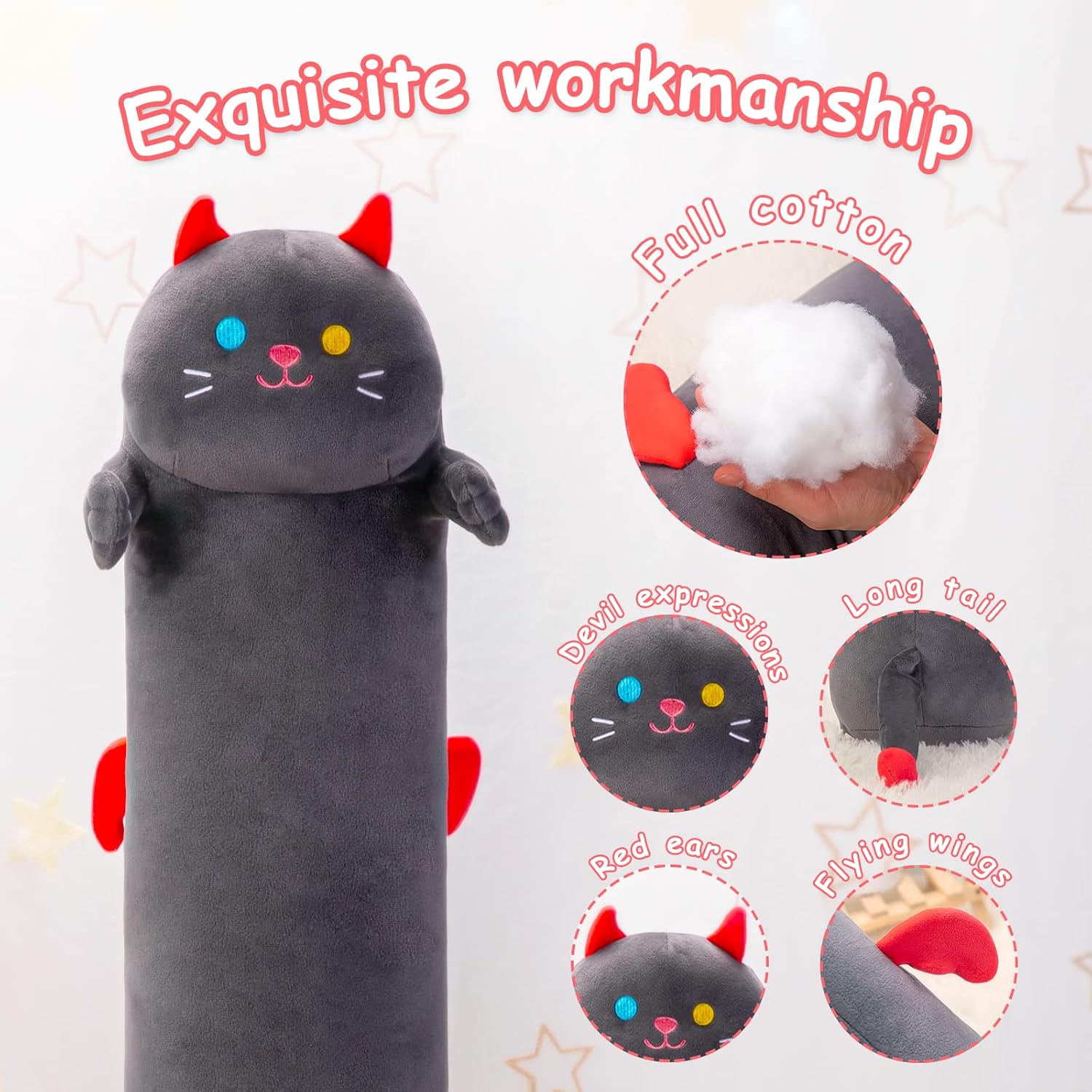 Almohada larga de felpa con forma de gato, 36 pulgadas, lindo gato negro de peluche kawaii, peluche suave, almohada de peluche de gatito, juguete de