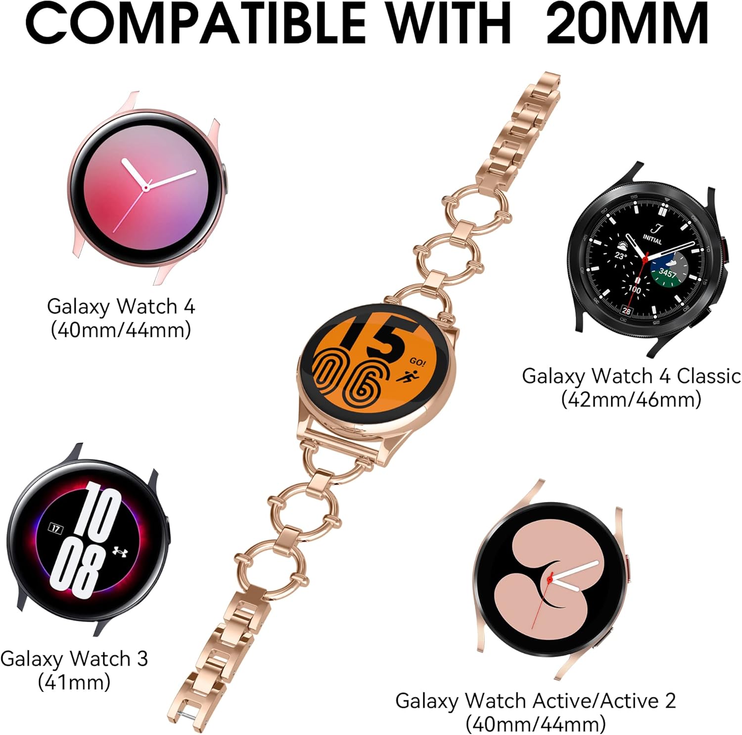 Correa de metal de 0.787 pulgadas compatible con Samsung Galaxy Watch 4 y 5 de 1.575 pulgadas, 1.732 pulgadas, correa ajustable para mujer bonita y