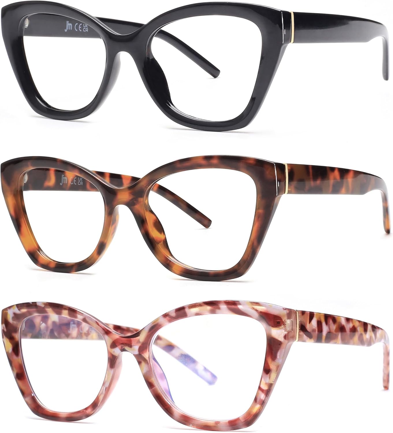 JM Paquete de 3 lentes de lectura de ojo de gato de gran tamaño para mujer, estilo Oprah moderno con bloqueo de luz azul